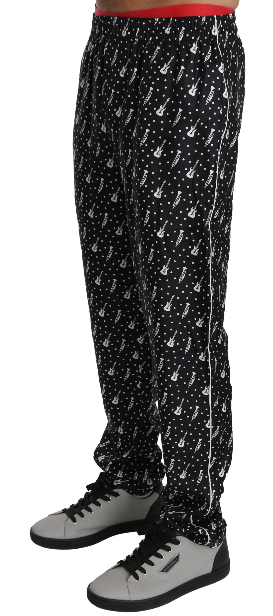 1193947.jpg Elegant Black Musical Instrument Print Silk Pants - Image 2