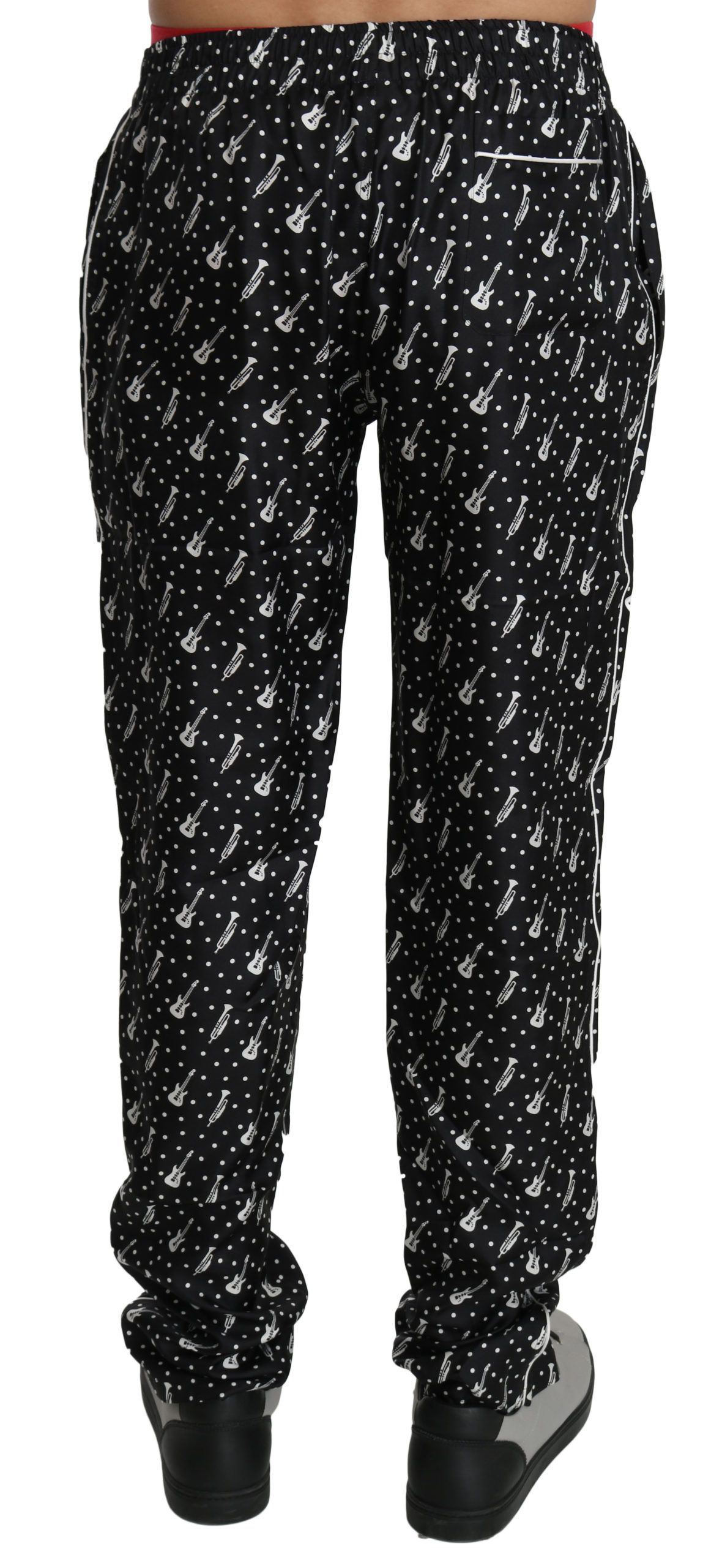 1193950.jpg Elegant Black Musical Instrument Print Silk Pants - Image 3