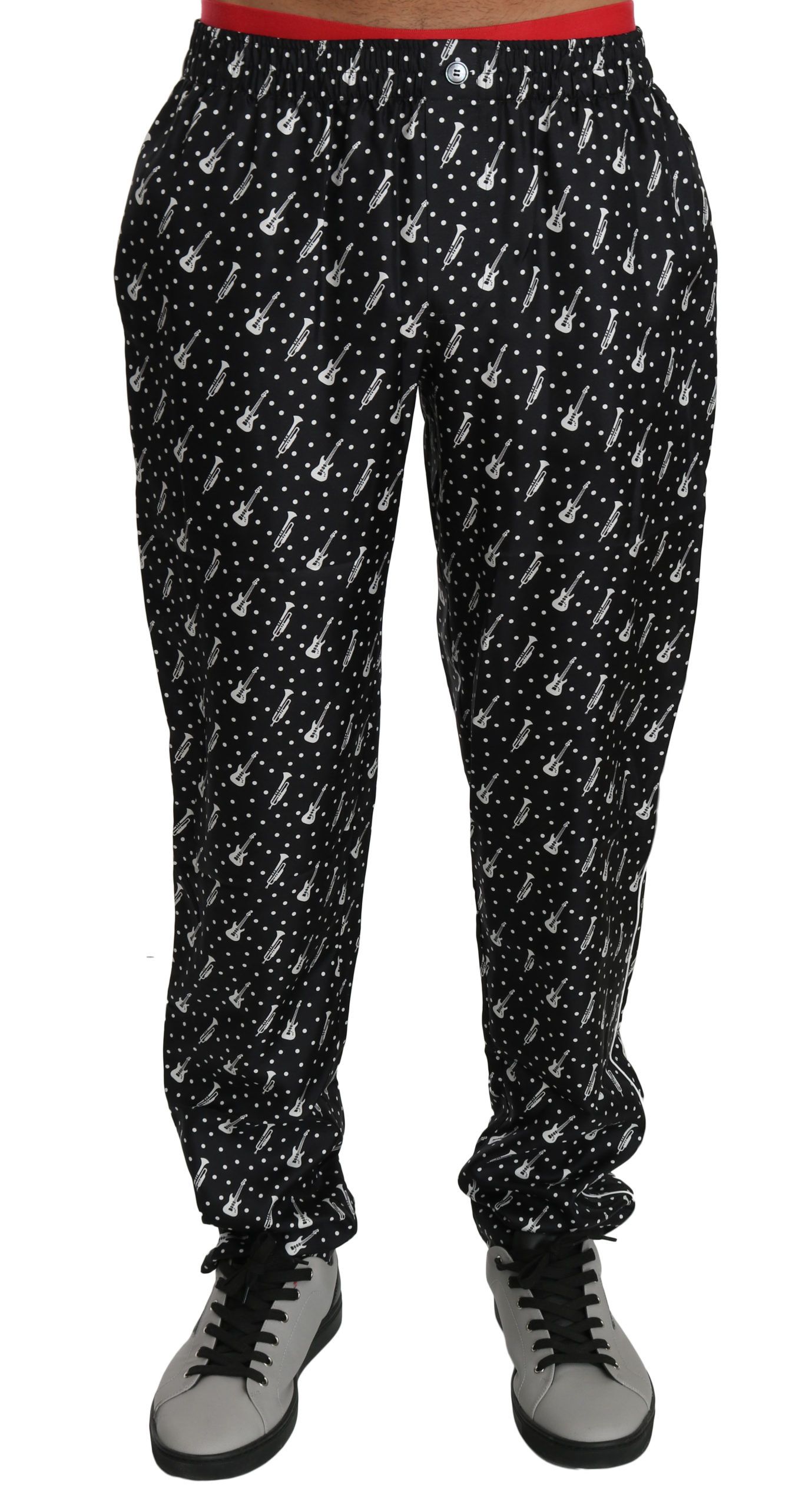 1193956.jpg Elegant Black Musical Instrument Print Silk Pants - Image 4