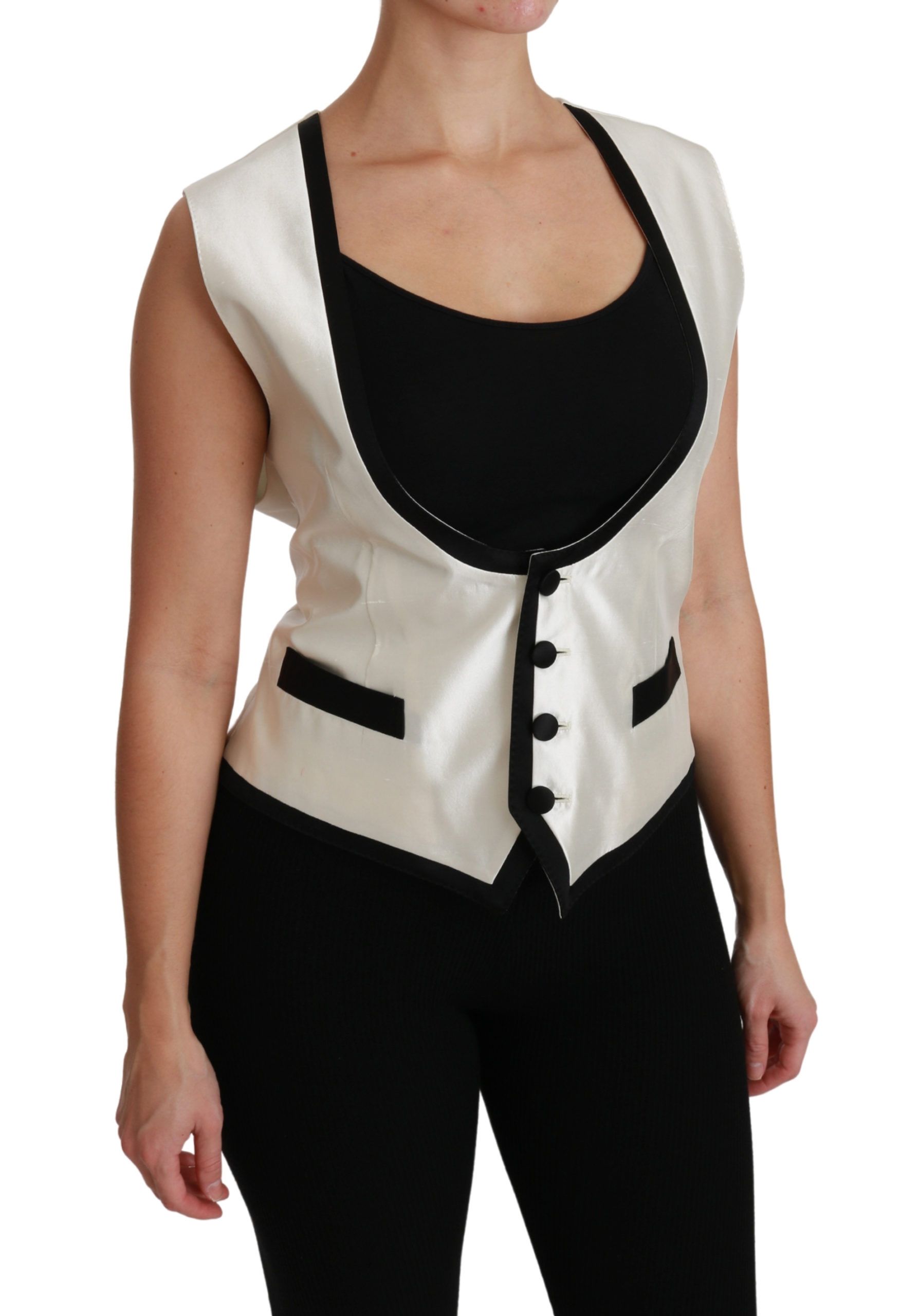 1262421.jpg Elegant Silk Sleeveless Vest in Black & White - Image 2