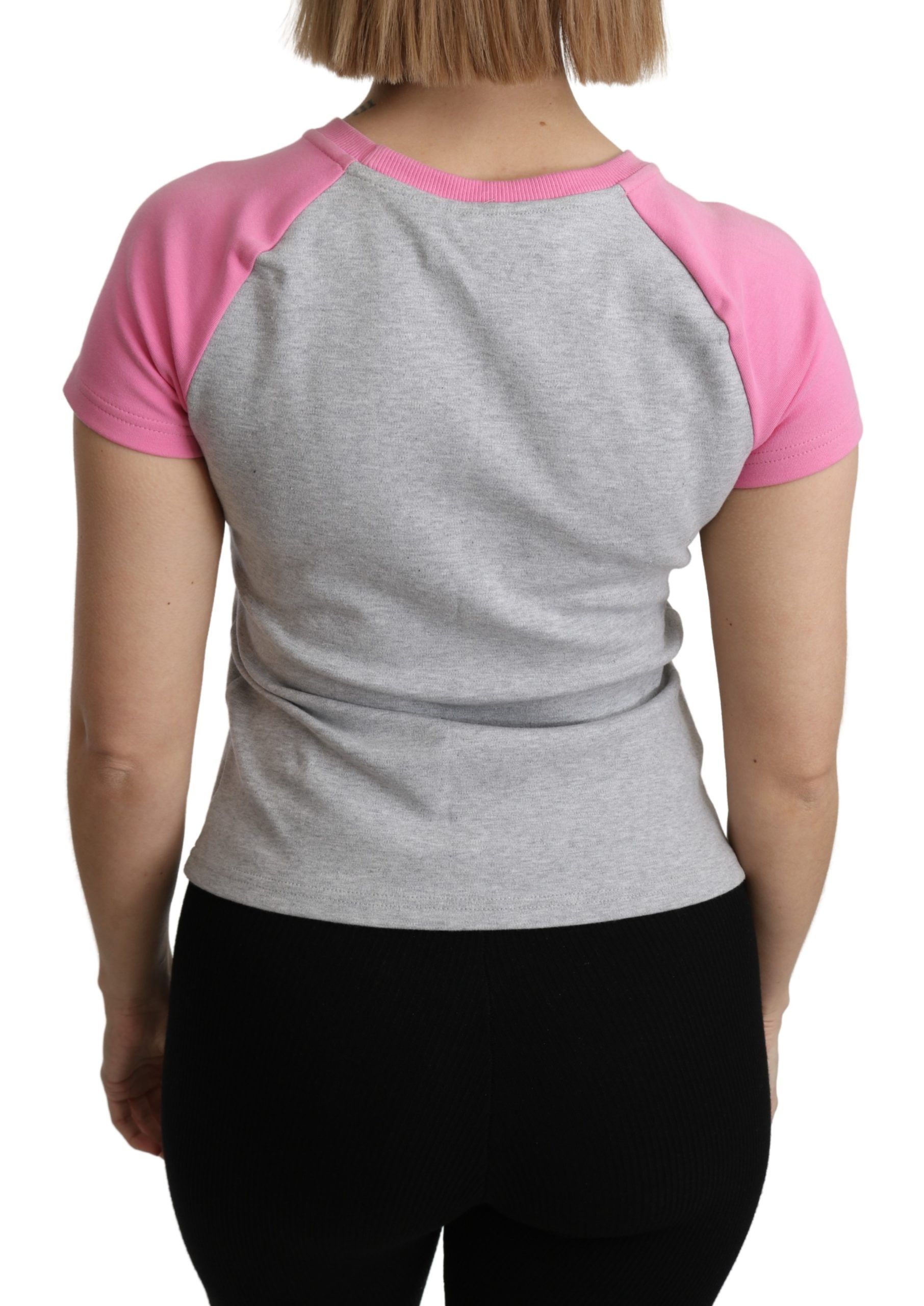 1397640.jpg Chic Gray Crew Neck Cotton T-shirt with Pink Accents - Image 4