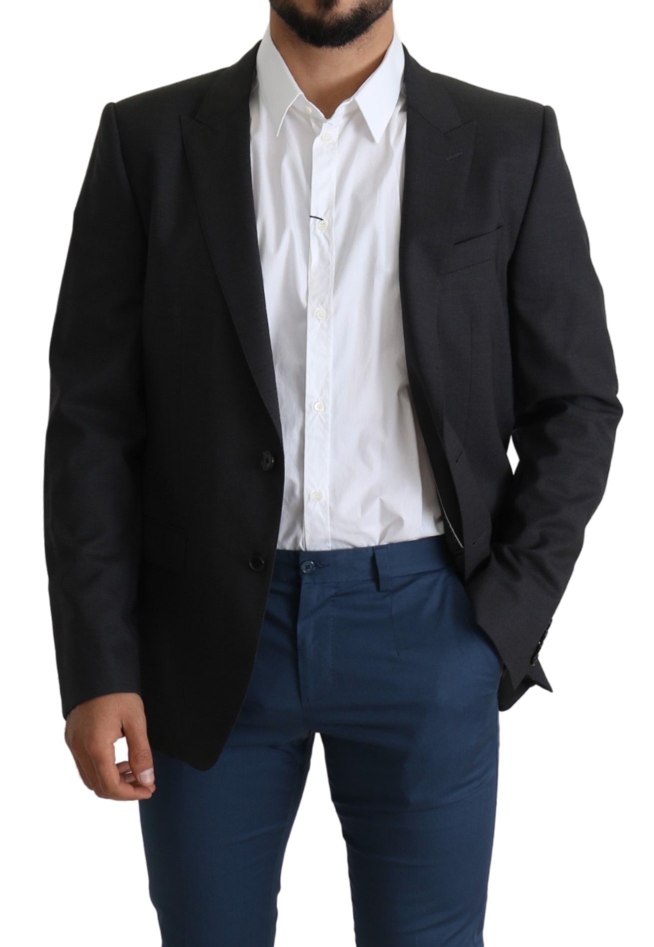 1456296.jpg Elegant Gray Wool Silk Blend Slim Fit Blazer - Image 3