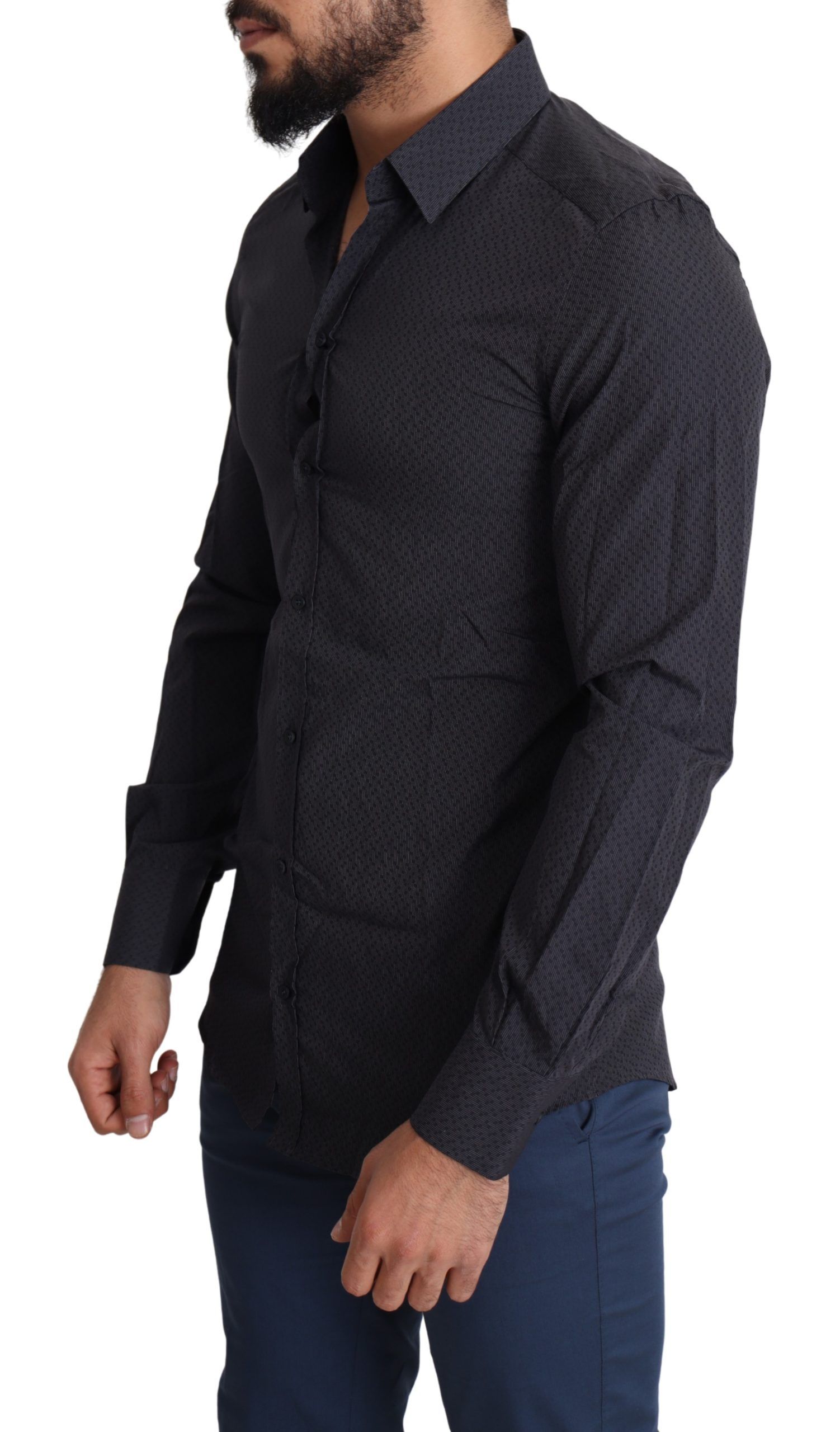 1459120.jpg Elegant Black Slim Fit Cotton Dress Shirt - Image 2