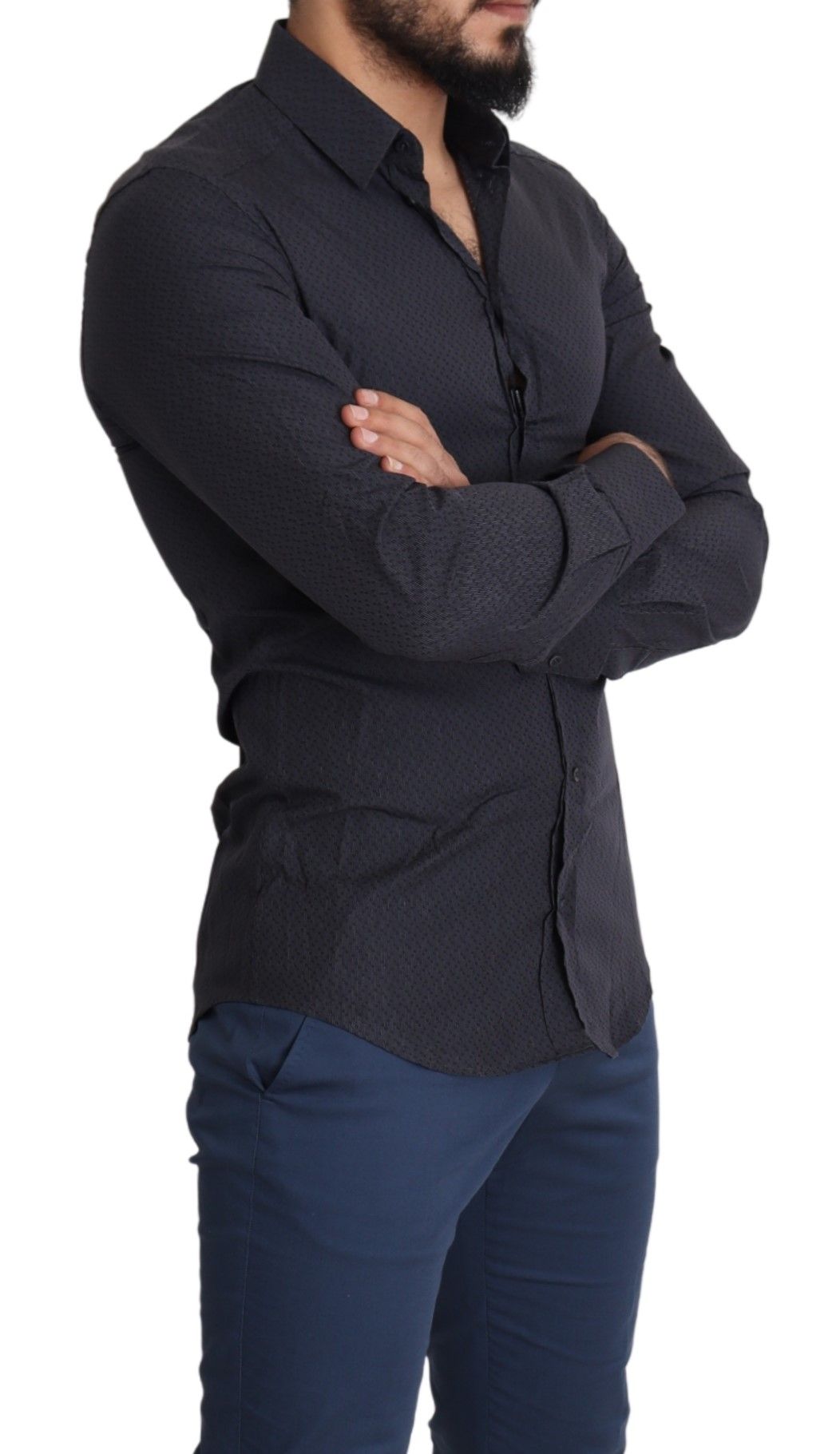 1459123.jpg Elegant Black Slim Fit Cotton Dress Shirt - Image 5