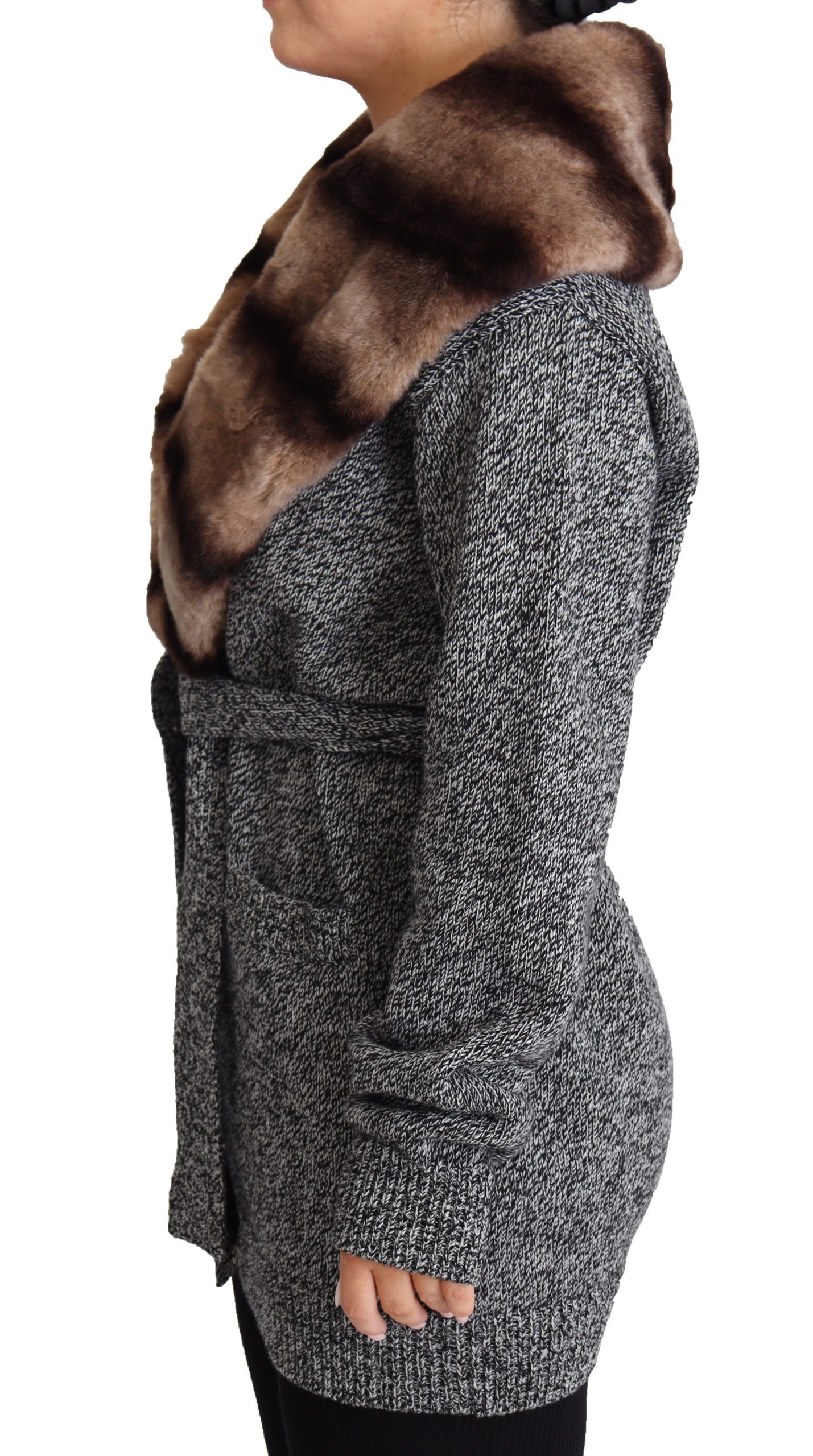 1470743.jpg Elegant Cashmere Cardigan with Rabbit Fur Collar - Image 2