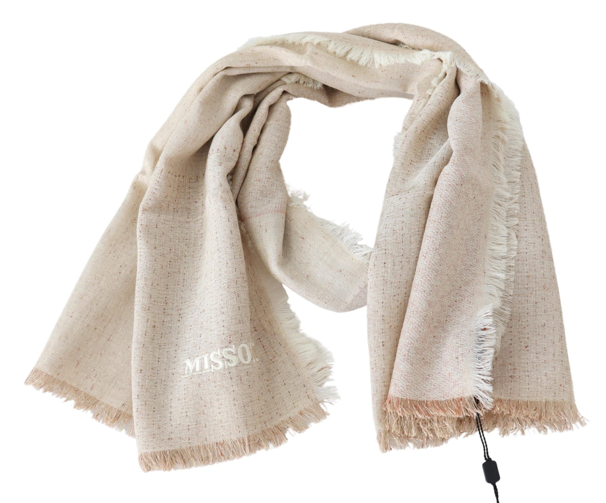 1516480.jpg Elegant Beige Wool Scarf with Fringes - Image 2