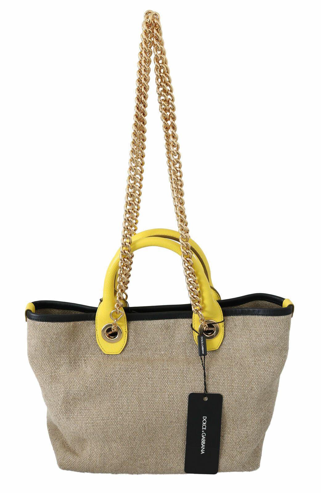 1587606.jpg Beige Linen-Calf Tote with Gold Chain - Image 4