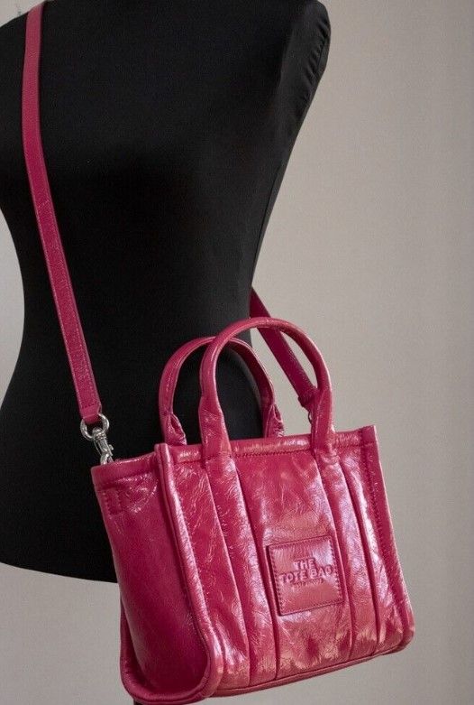 2322040.jpg The Shiny Crinkle Mini Tote Magenta Leather Crossbody Handbag Purse - Image 2