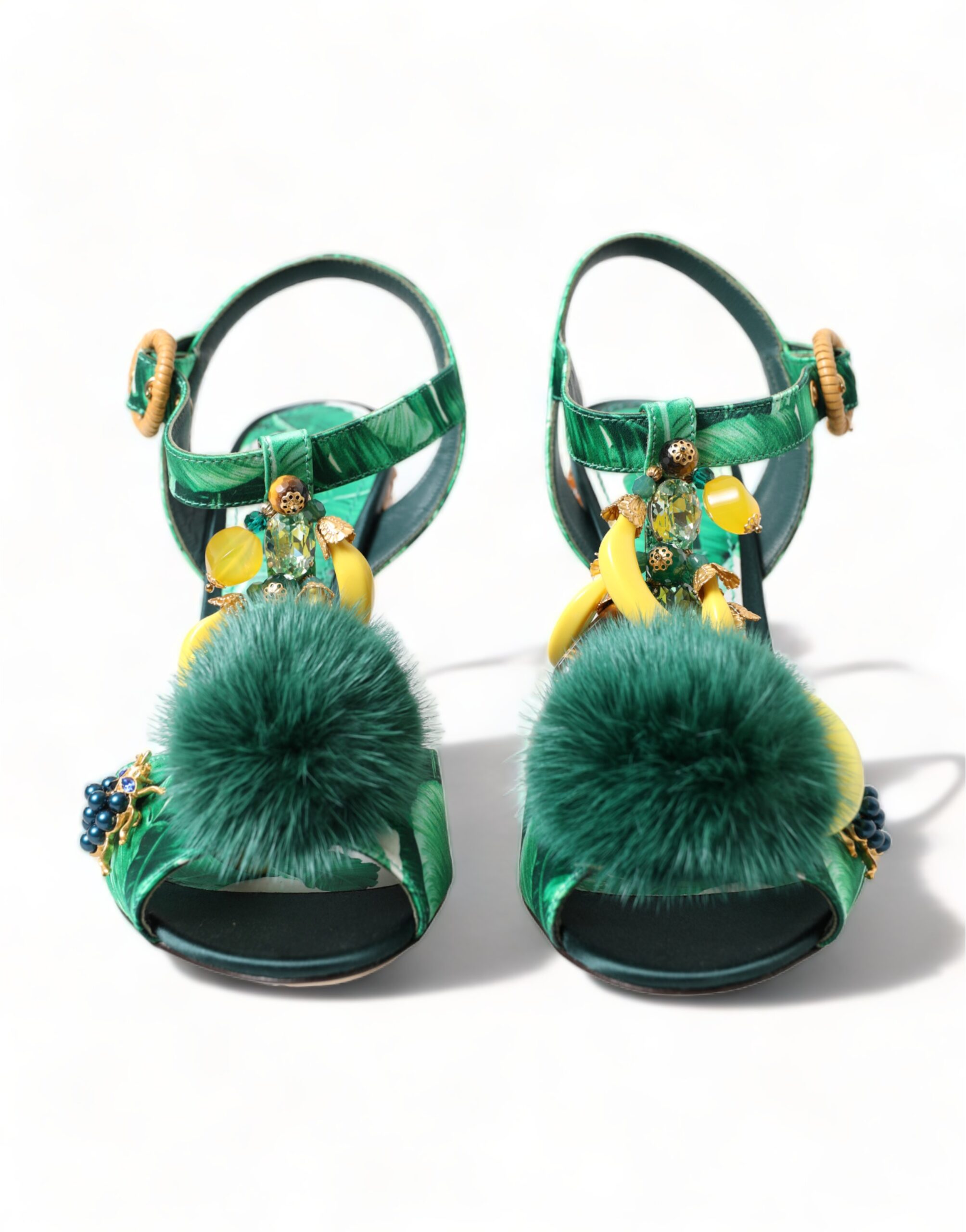 4319294.jpg Green Crystal Mink Fur T-Strap Sandals - Image 2