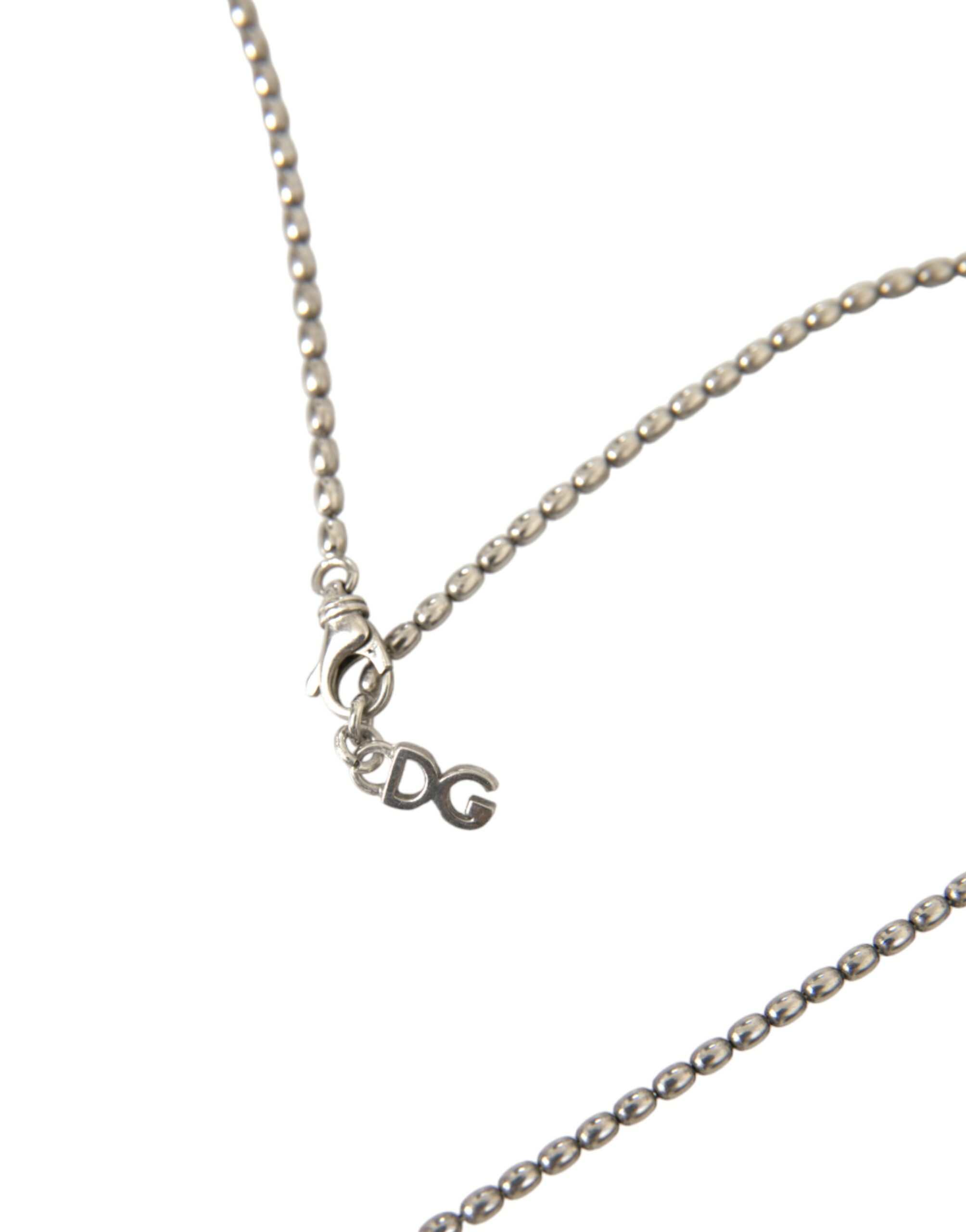 4404451.jpg Silver Tone Brass Chain Tag Bead Crown Pendant Necklace - Image 3