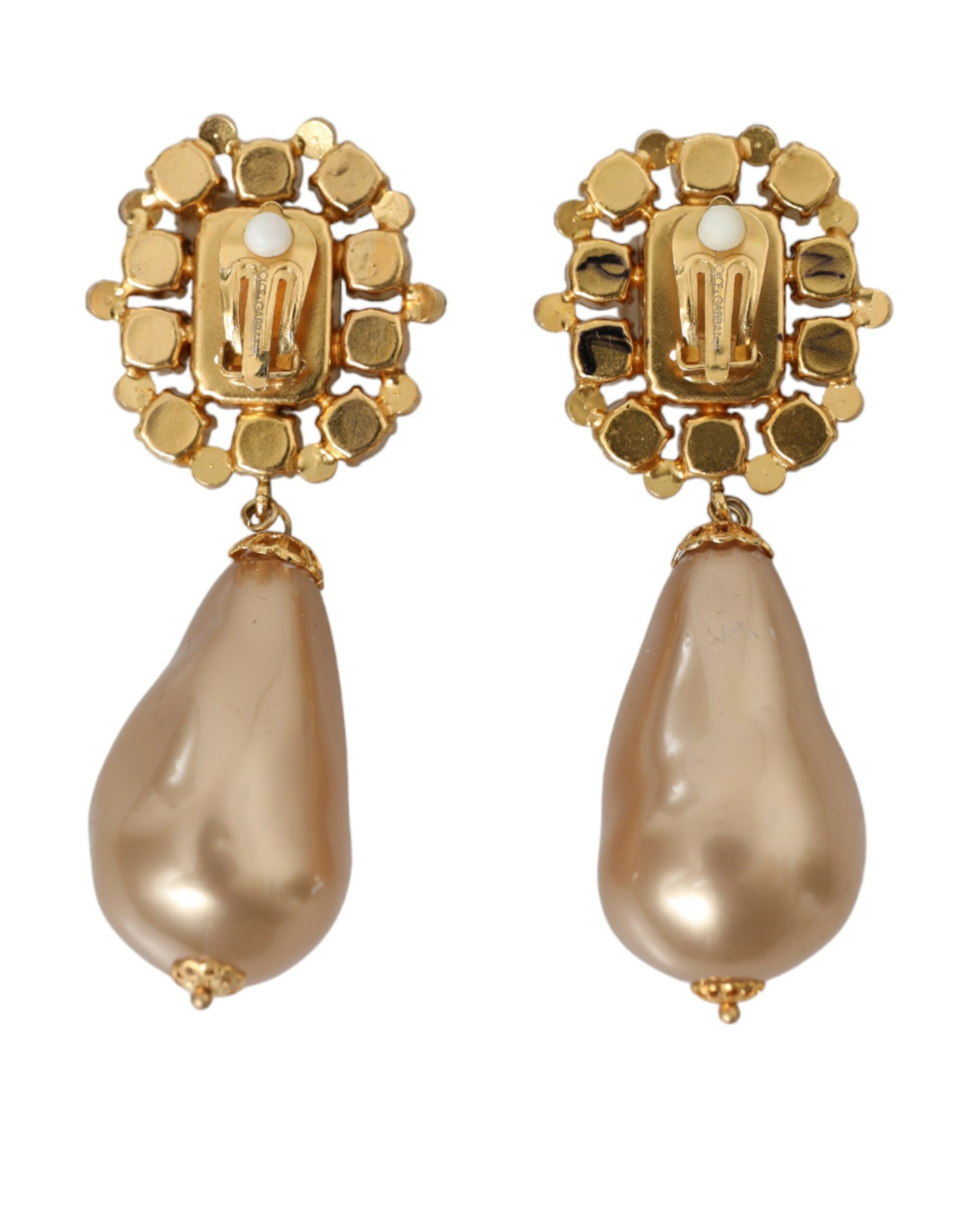 4416864.jpg Gold Brass Crystal Faux Pearl Clip On Dangling Earrings - Image 2