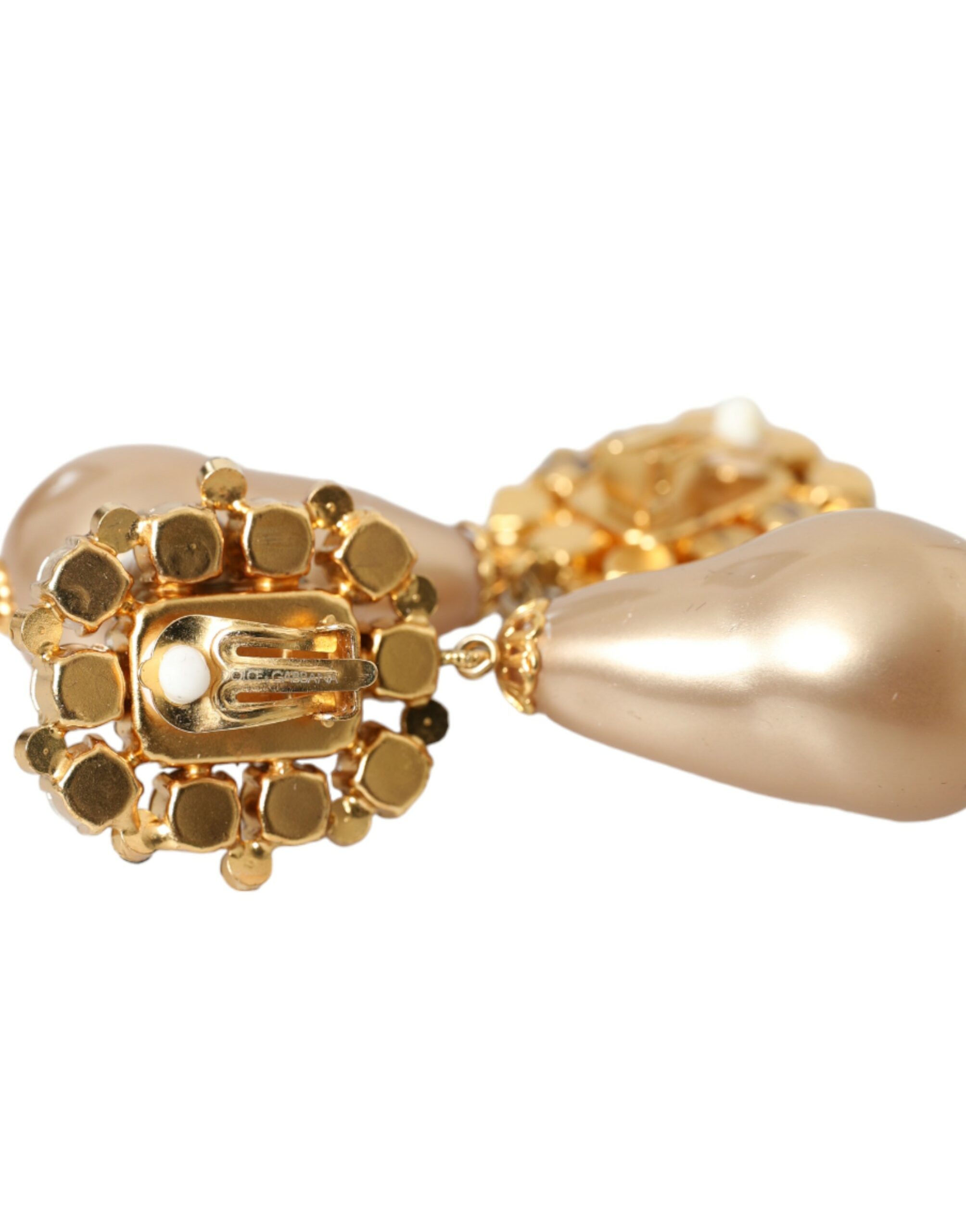 4416865.jpg Gold Brass Crystal Faux Pearl Clip On Dangling Earrings - Image 3