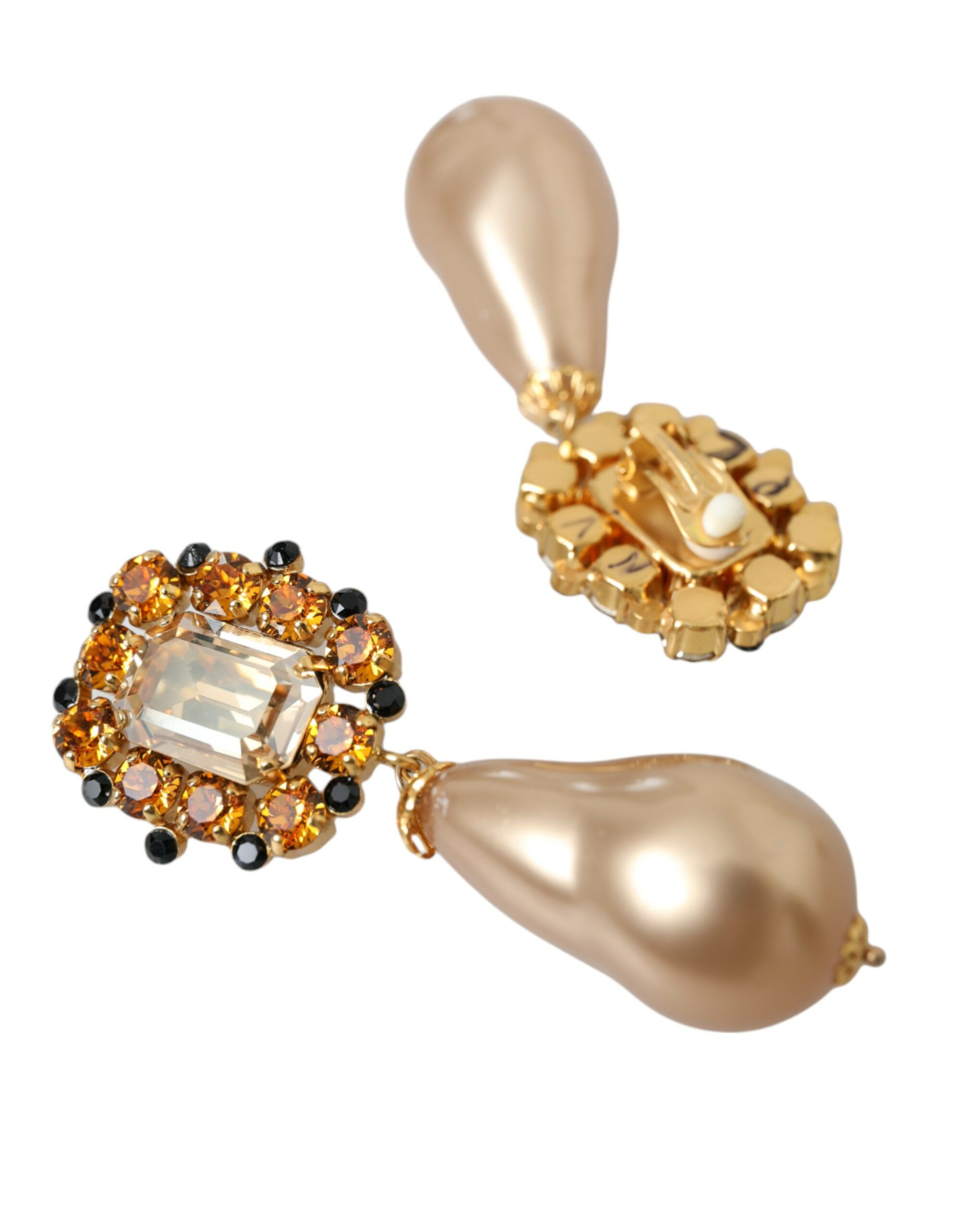 4416866.jpg Gold Brass Crystal Faux Pearl Clip On Dangling Earrings - Image 4