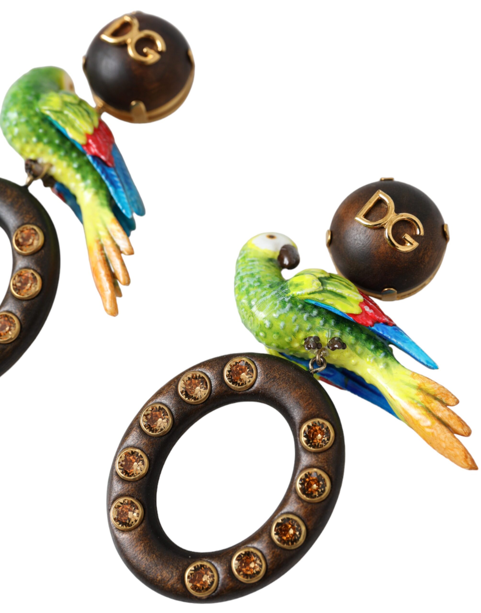 4574969.jpg Multicolor Parrot Wood Brass Crystal Embellished Earrings - Image 3