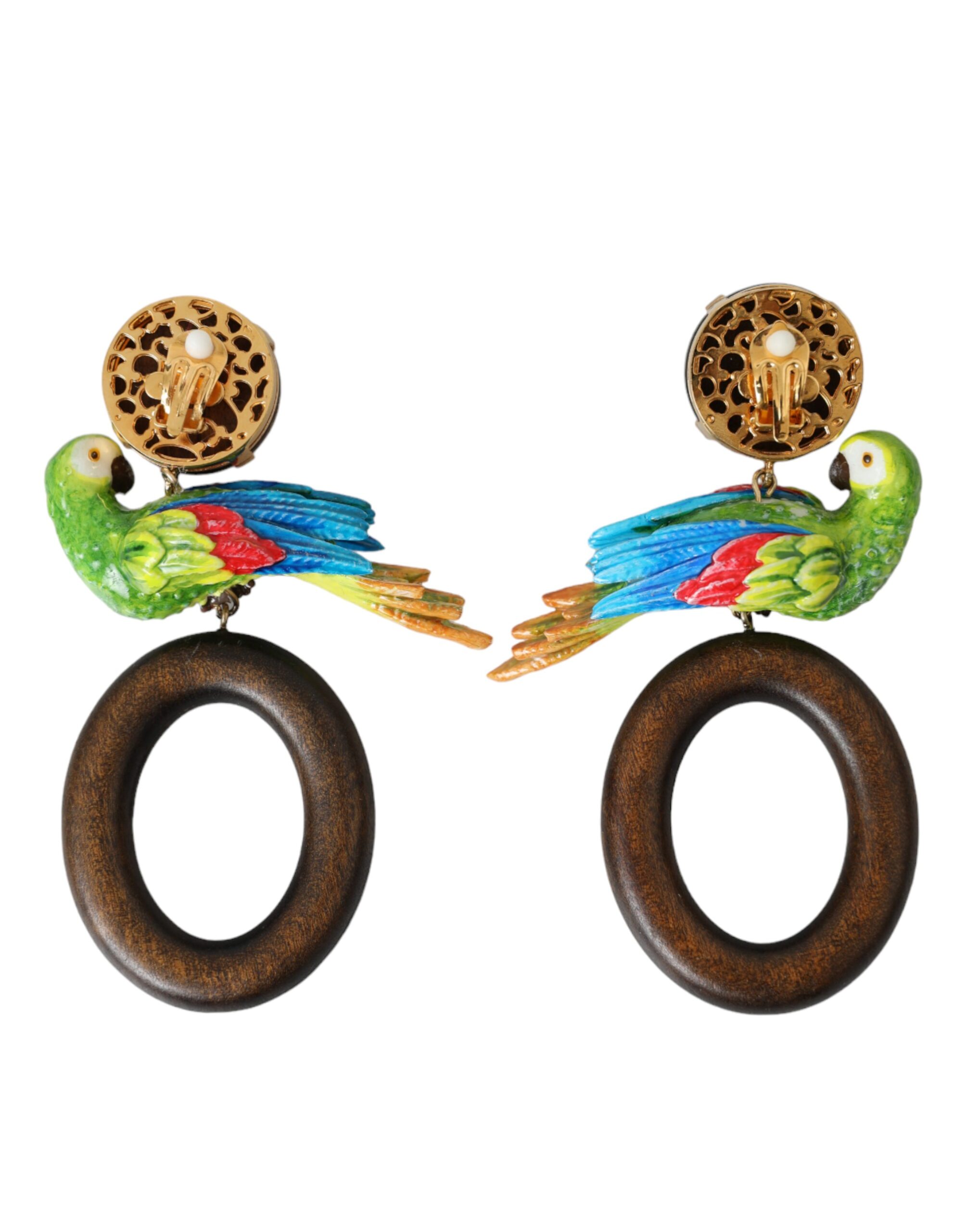 4574970.jpg Multicolor Parrot Wood Brass Crystal Embellished Earrings - Image 4