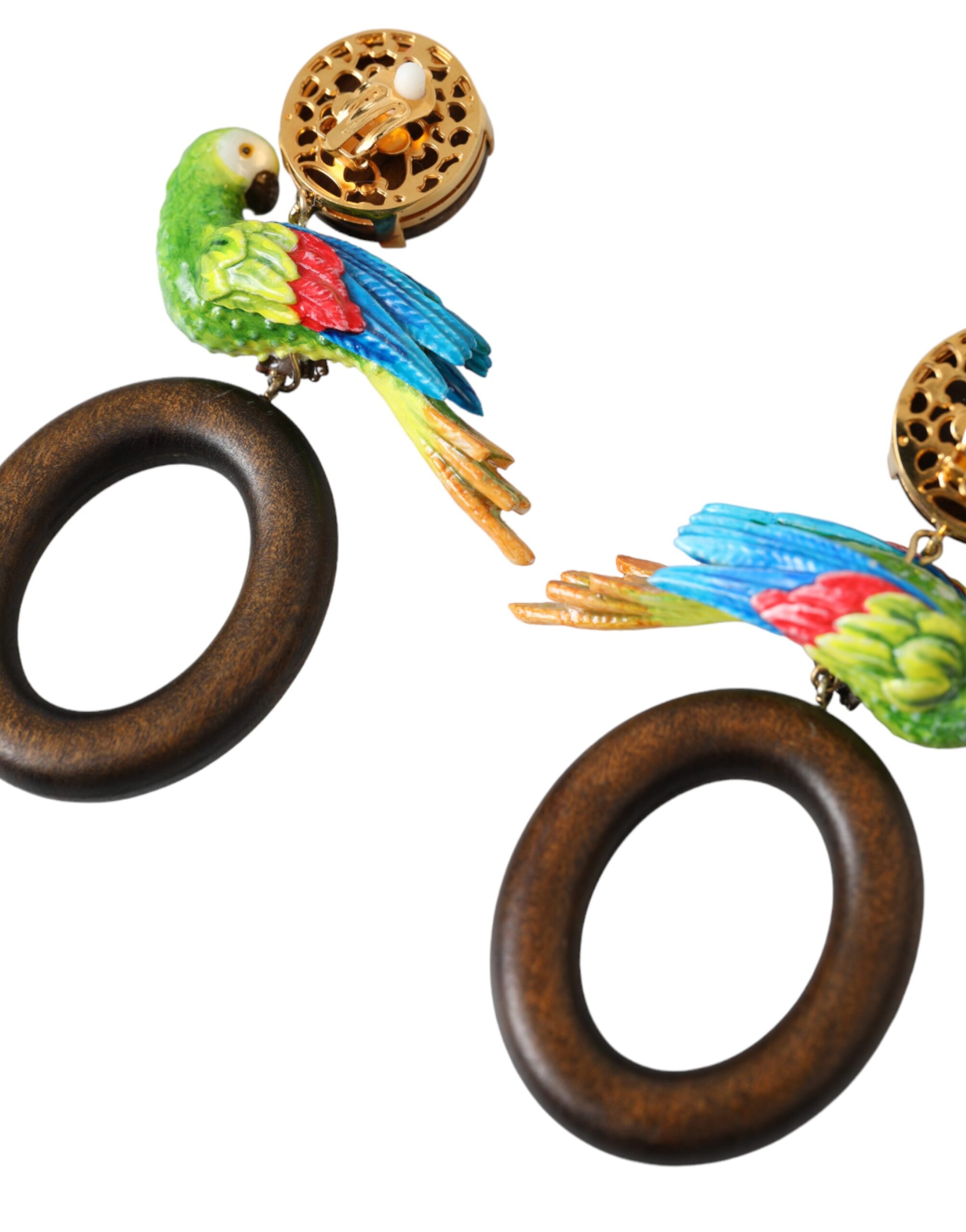 4574971.jpg Multicolor Parrot Wood Brass Crystal Embellished Earrings - Image 5