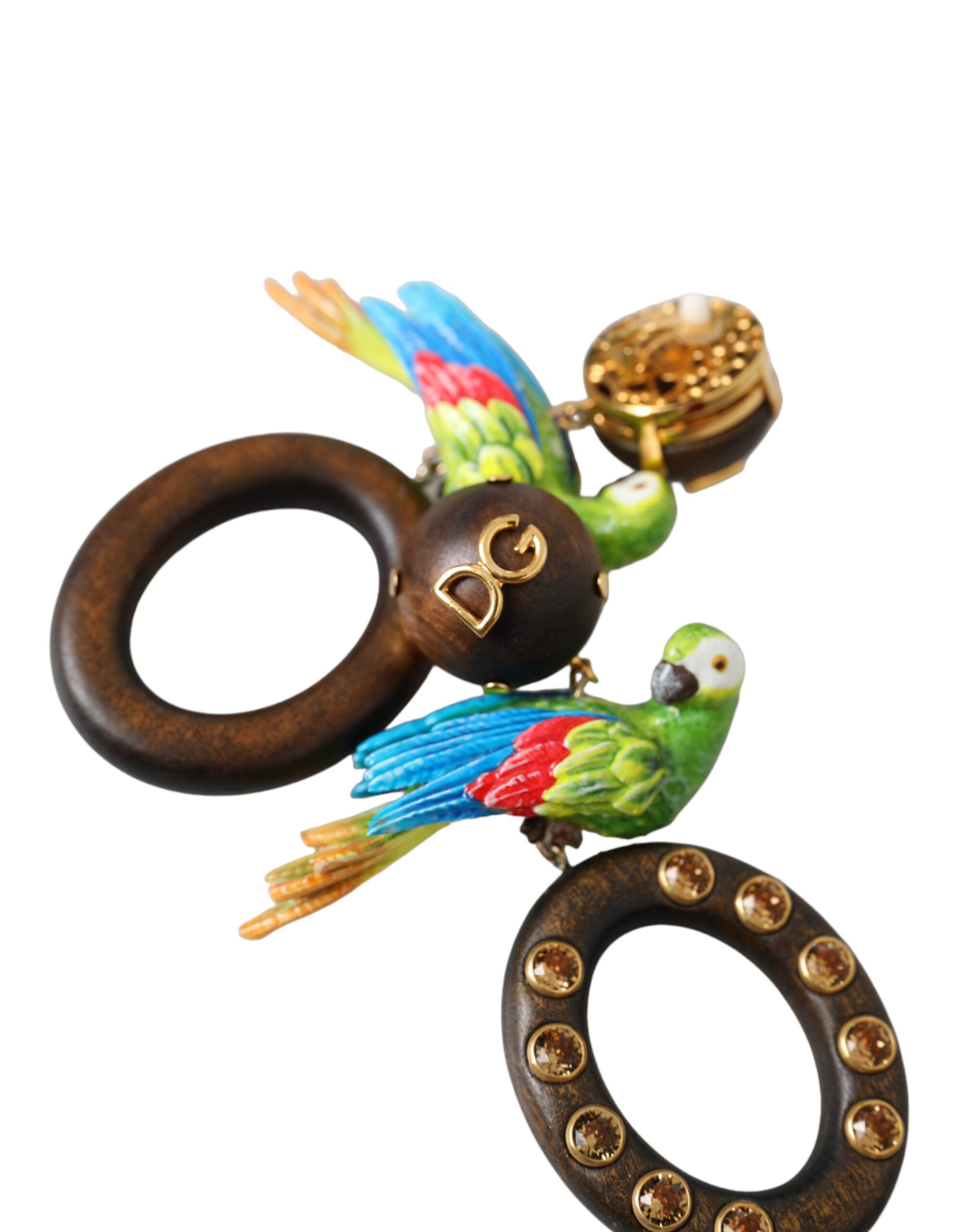 4574972.jpg Multicolor Parrot Wood Brass Crystal Embellished Earrings - Image 6