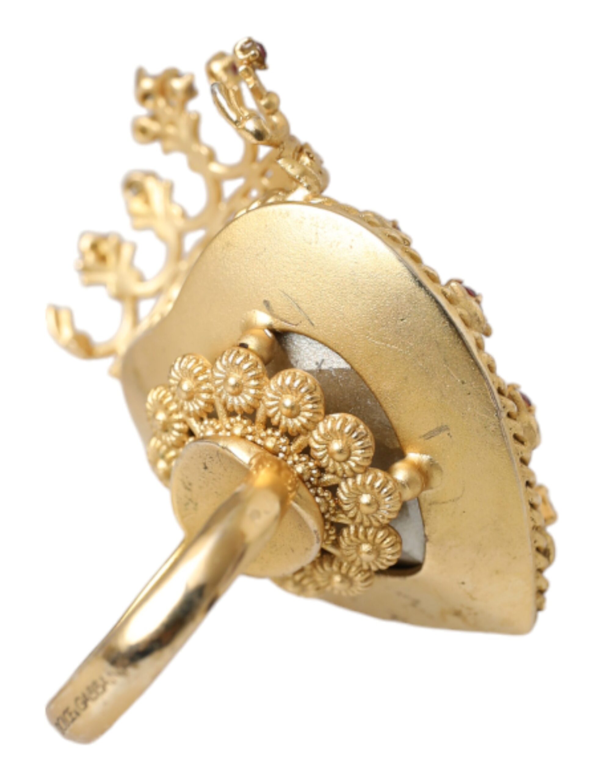 4575005.jpg Gold Tone Brass Crystal Heart Crown Statement Ring - Image 5