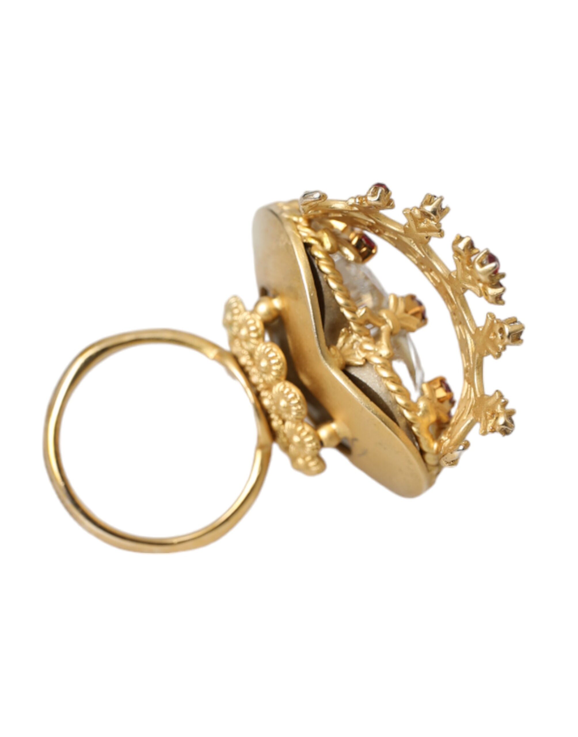 4575006.jpg Gold Tone Brass Crystal Heart Crown Statement Ring - Image 6