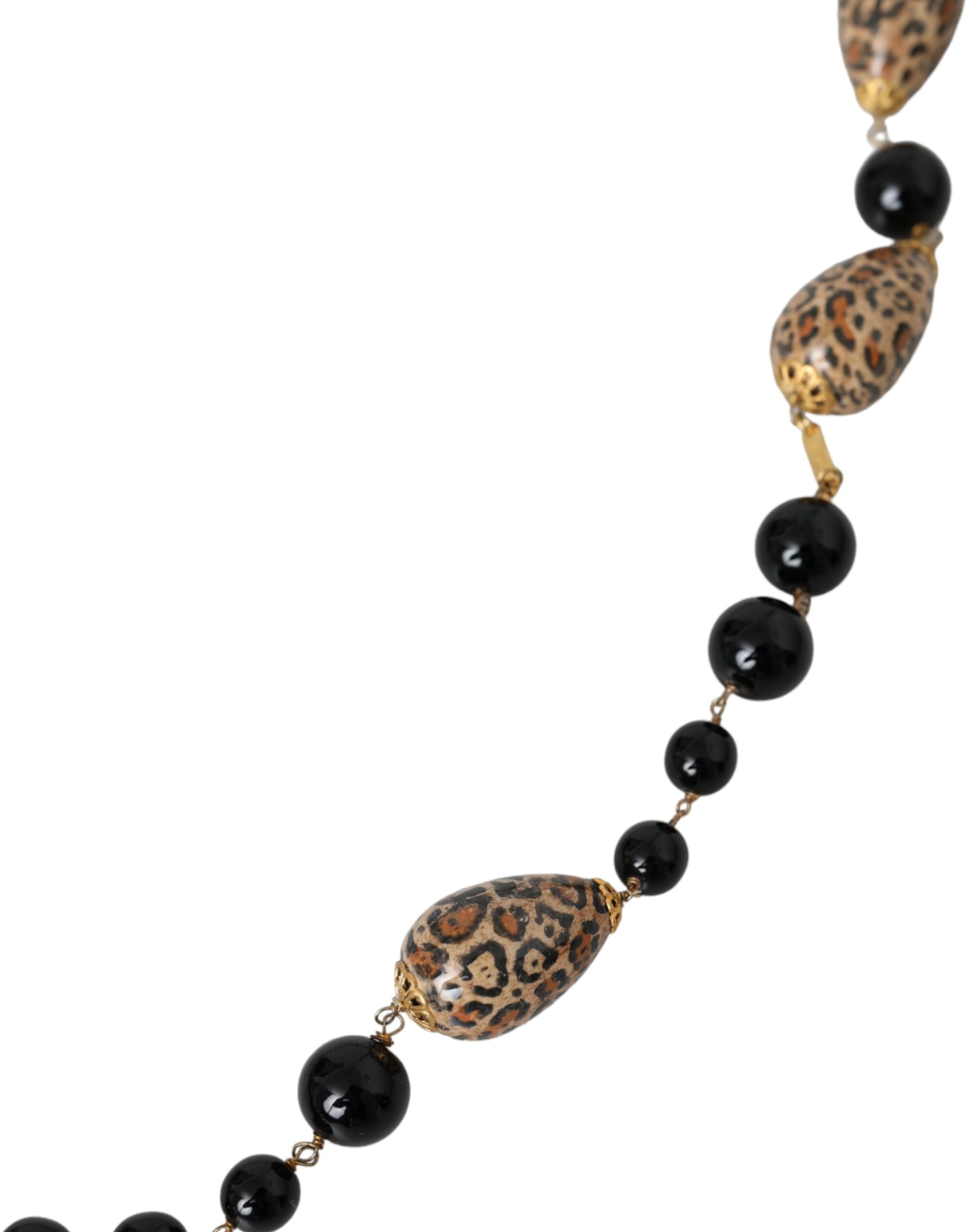 4575051.jpg Gold Tone Brass Black Printed Beaded Long Chain Necklace - Image 3