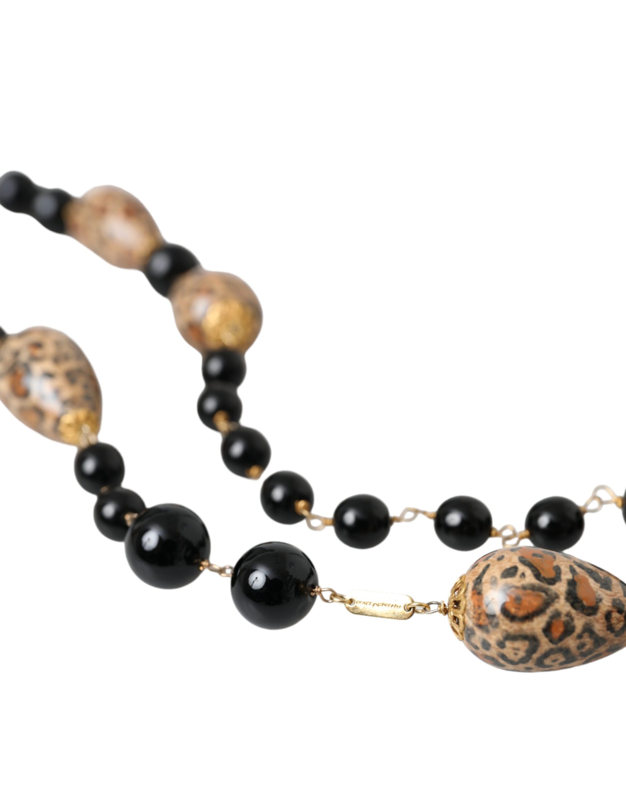 4575052.jpg Gold Tone Brass Black Printed Beaded Long Chain Necklace - Image 4