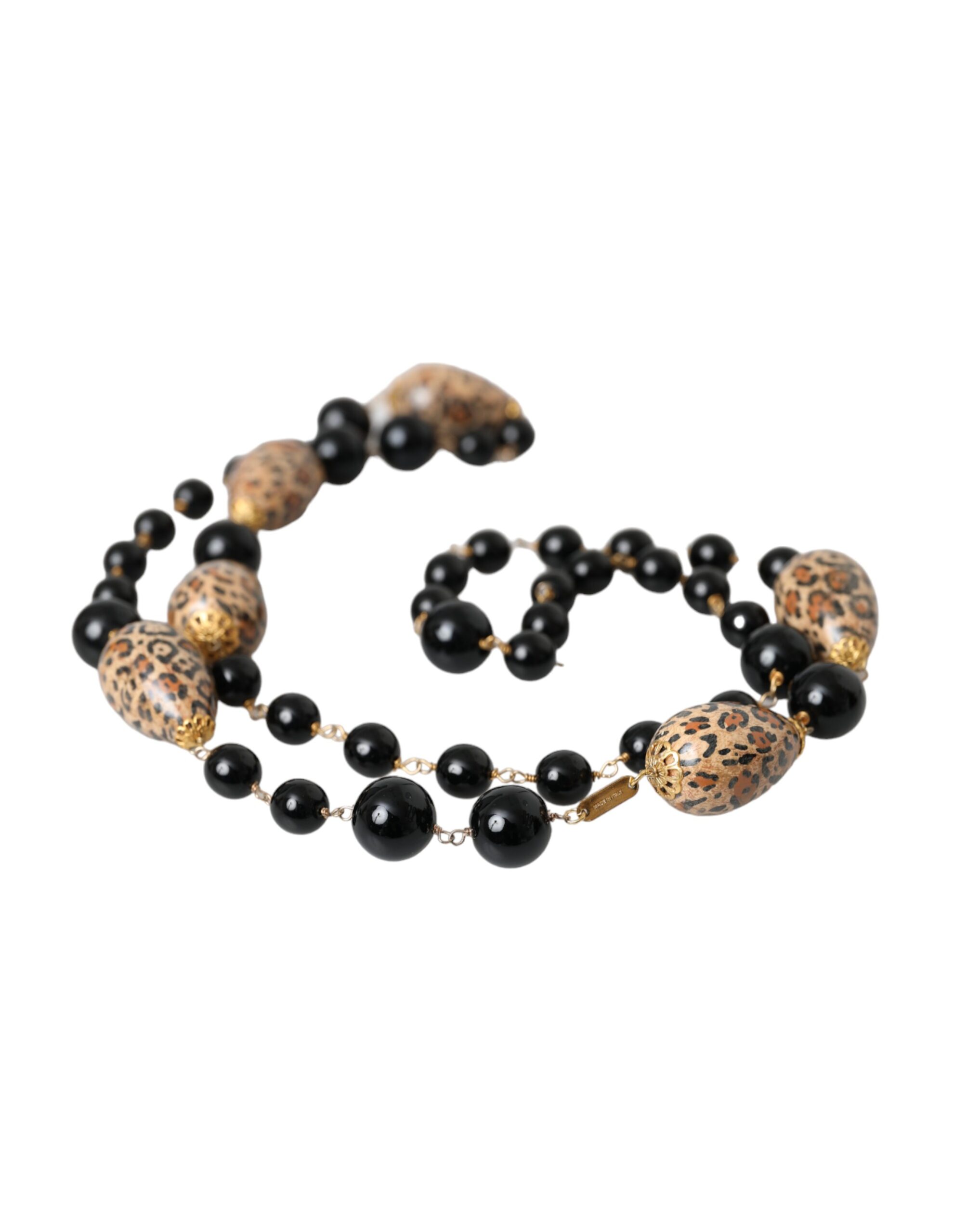 4575053.jpg Gold Tone Brass Black Printed Beaded Long Chain Necklace - Image 5