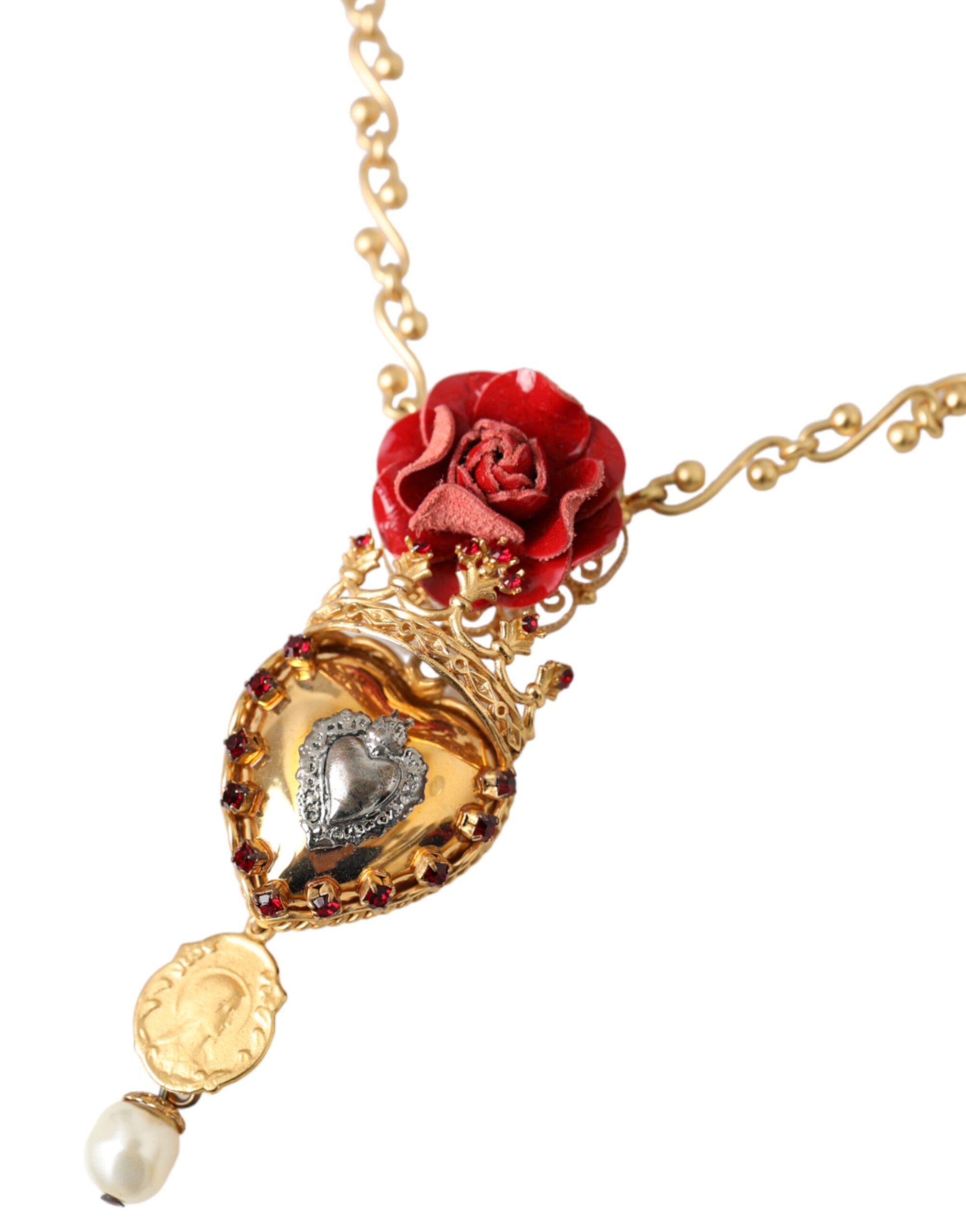 4575062.jpg Gold BrassChain Sacred Heart Rose Crystal Charm Necklace - Image 3