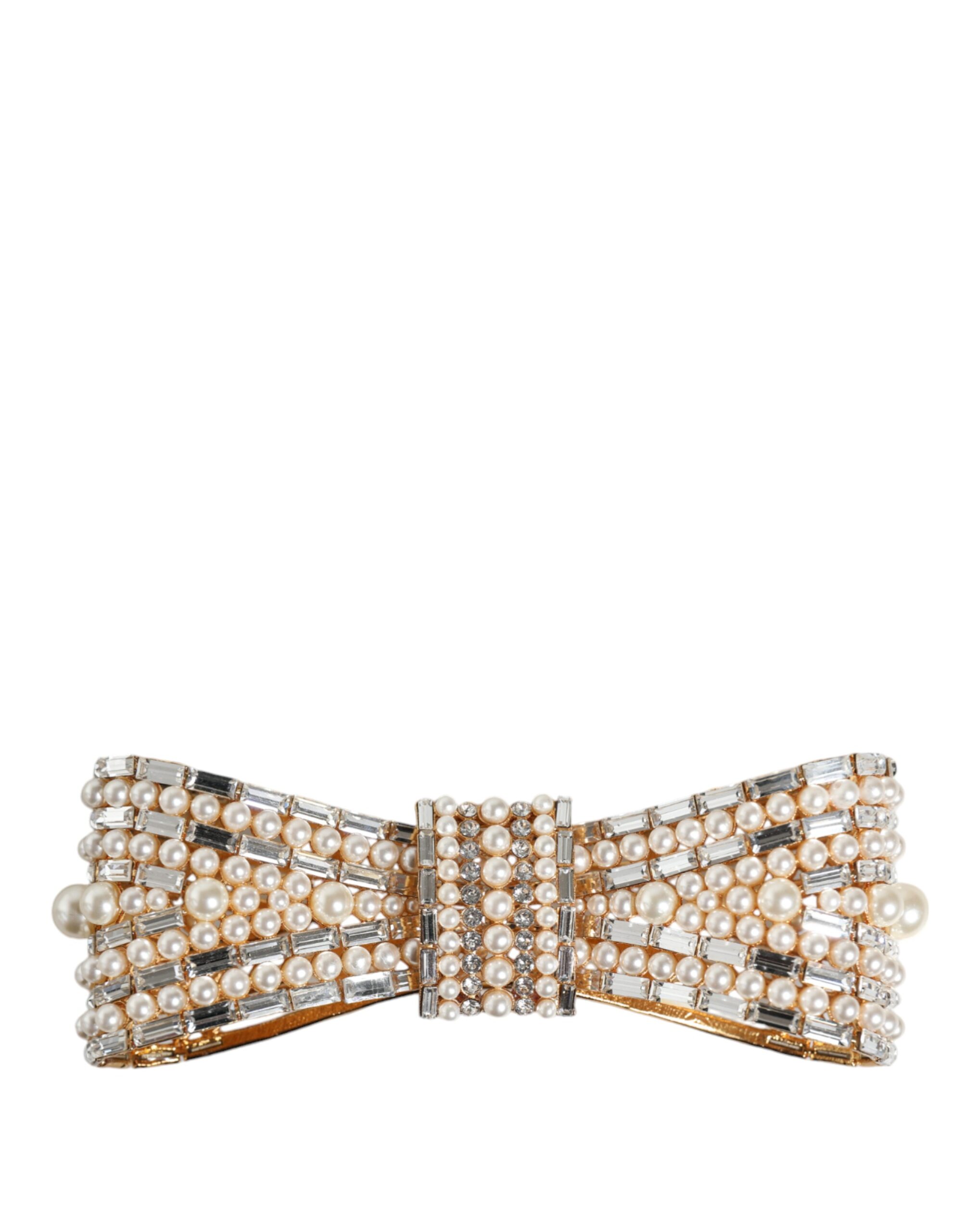 4645491.jpeg Gold Tone Brass Bow Crystal FauxPearl Embellished Brooch - Image 2