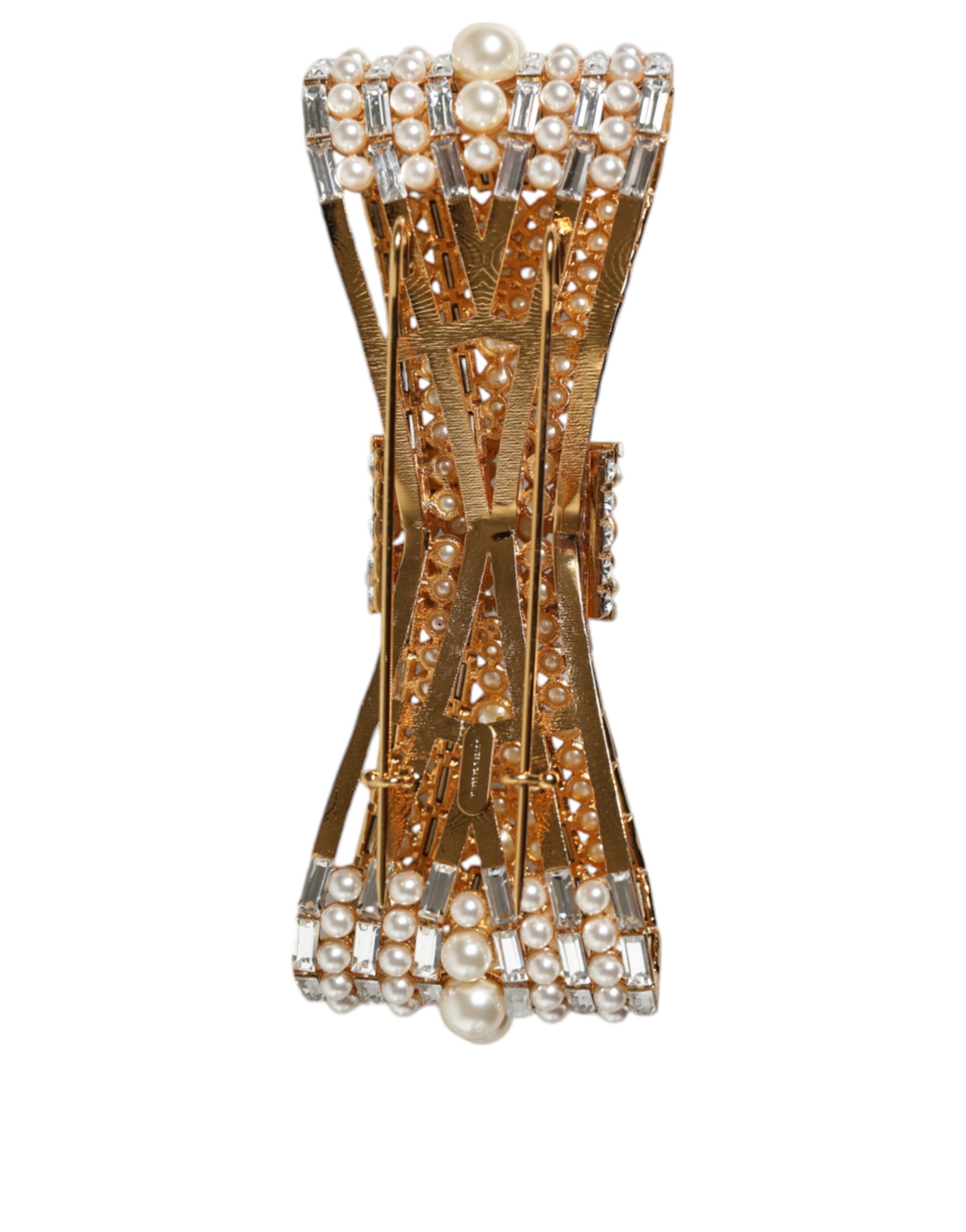 4645492.jpeg Gold Tone Brass Bow Crystal FauxPearl Embellished Brooch - Image 3