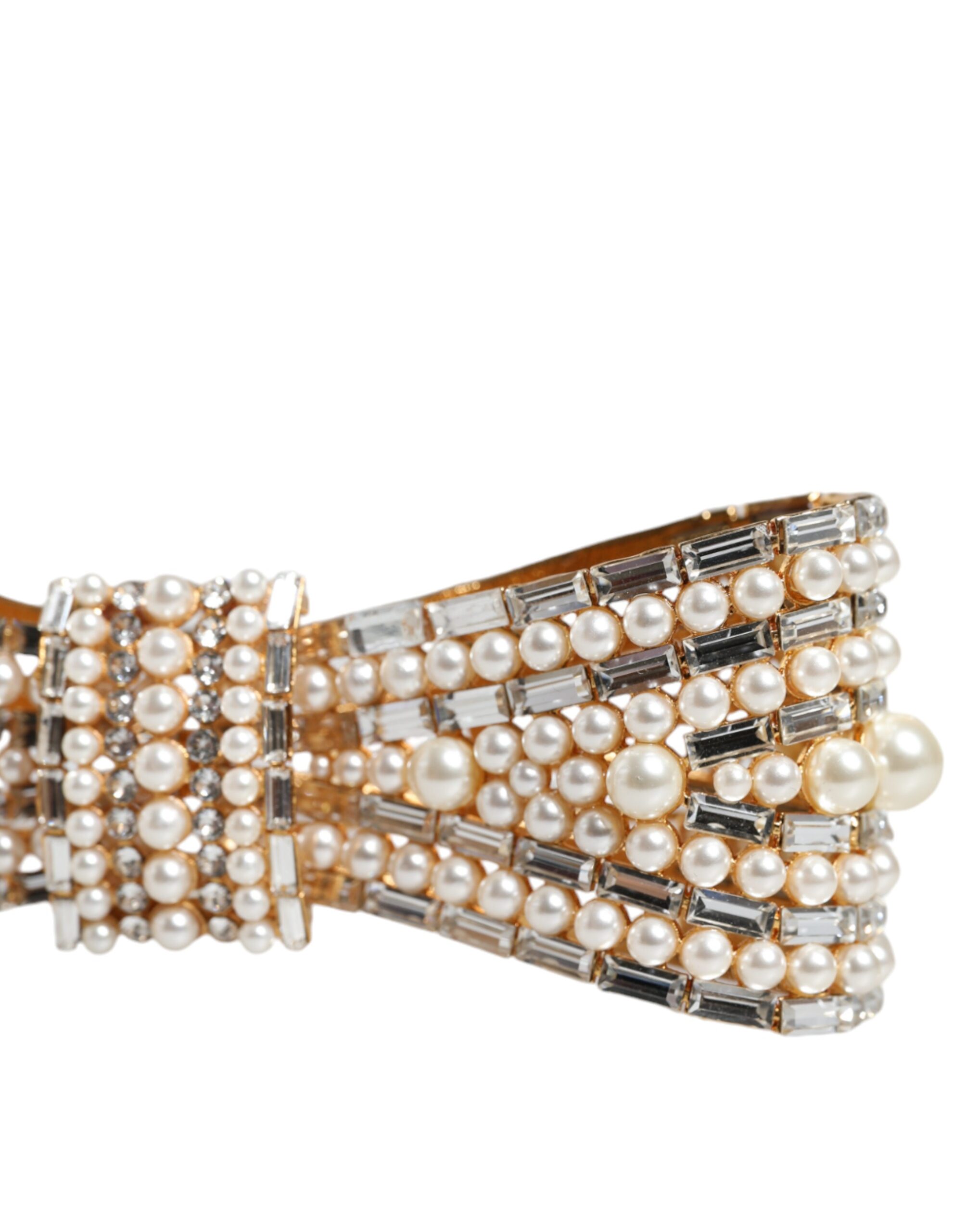 4645494.jpeg Gold Tone Brass Bow Crystal FauxPearl Embellished Brooch - Image 4