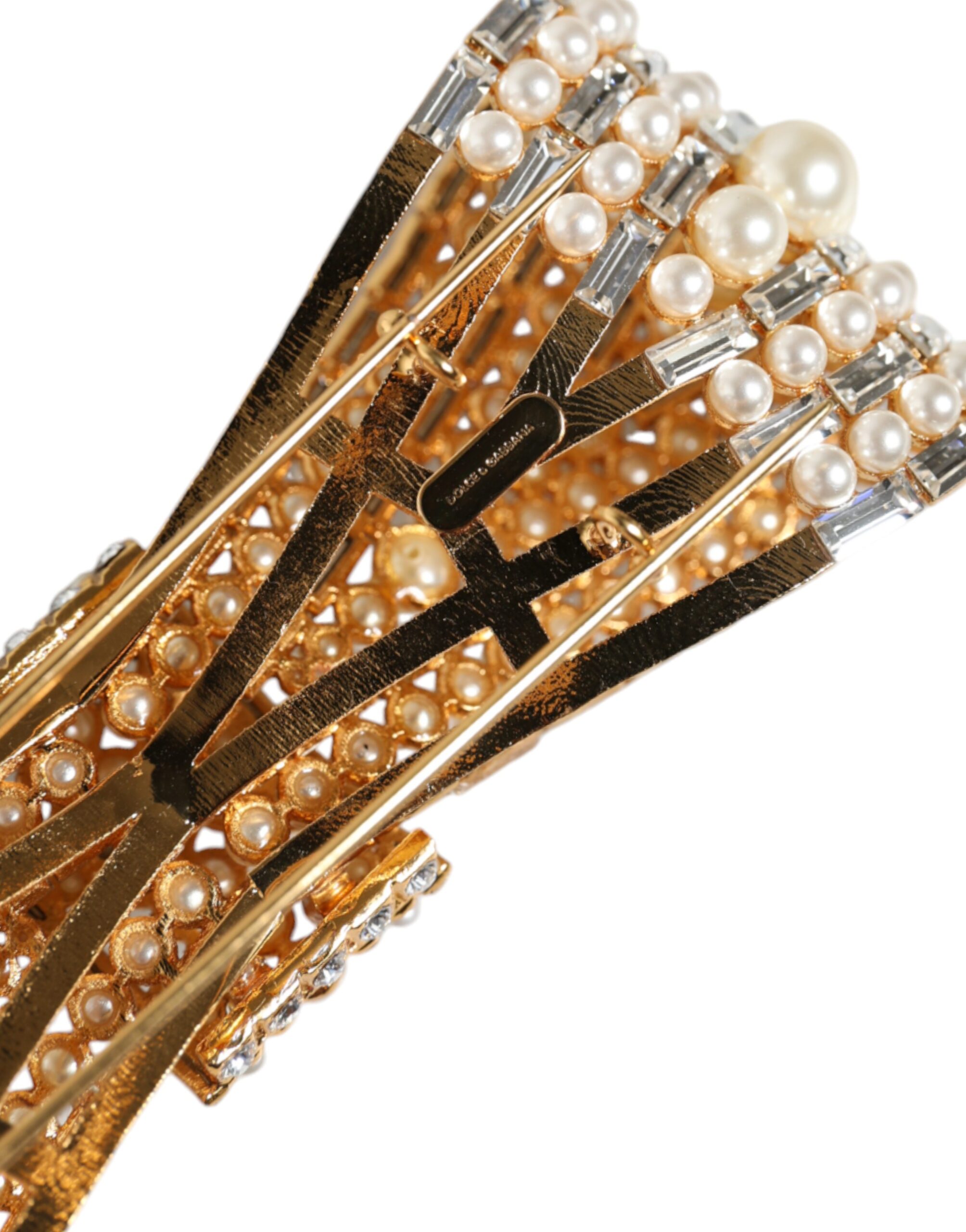4645495.jpeg Gold Tone Brass Bow Crystal FauxPearl Embellished Brooch - Image 5