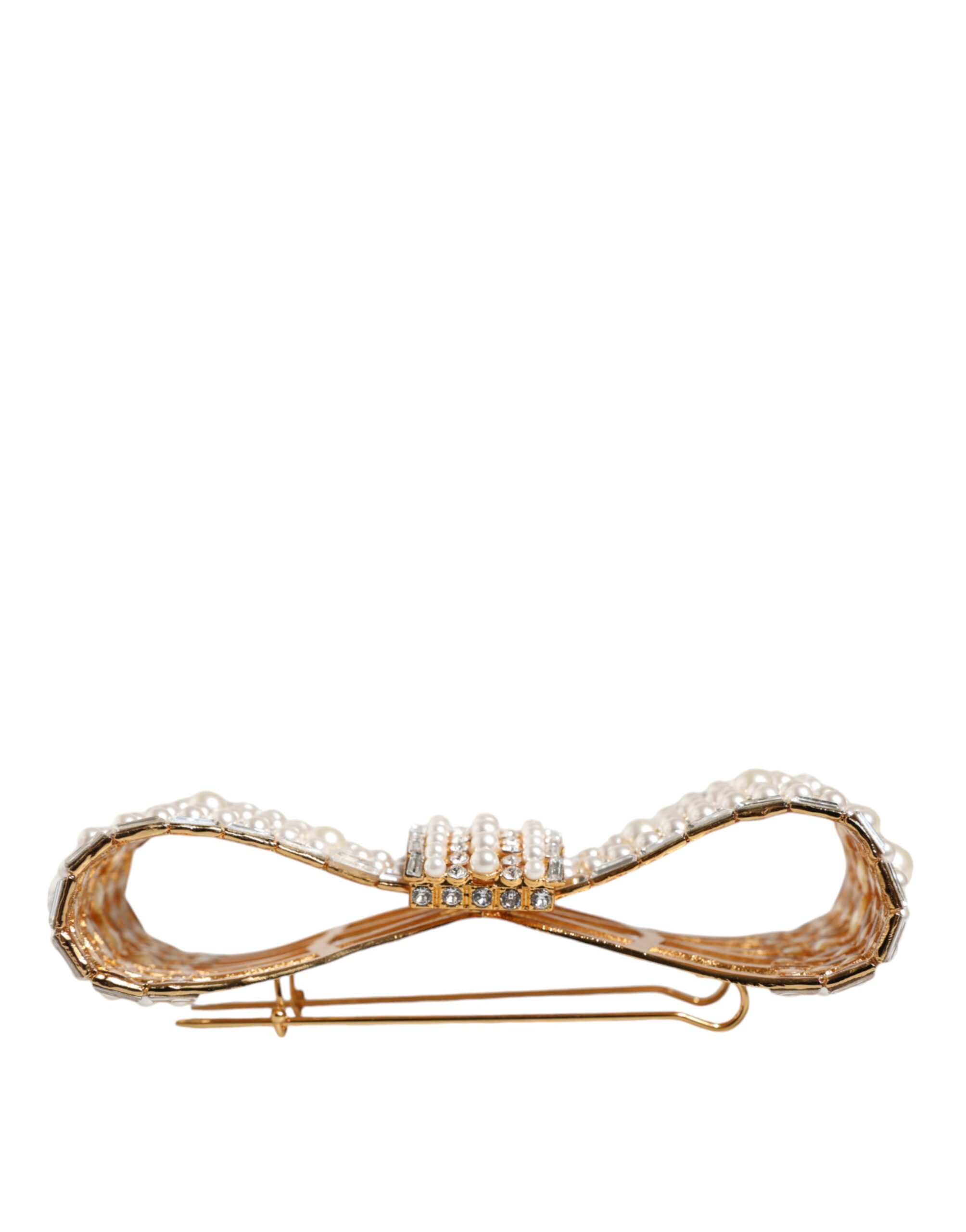 4645496.jpeg Gold Tone Brass Bow Crystal FauxPearl Embellished Brooch - Image 6