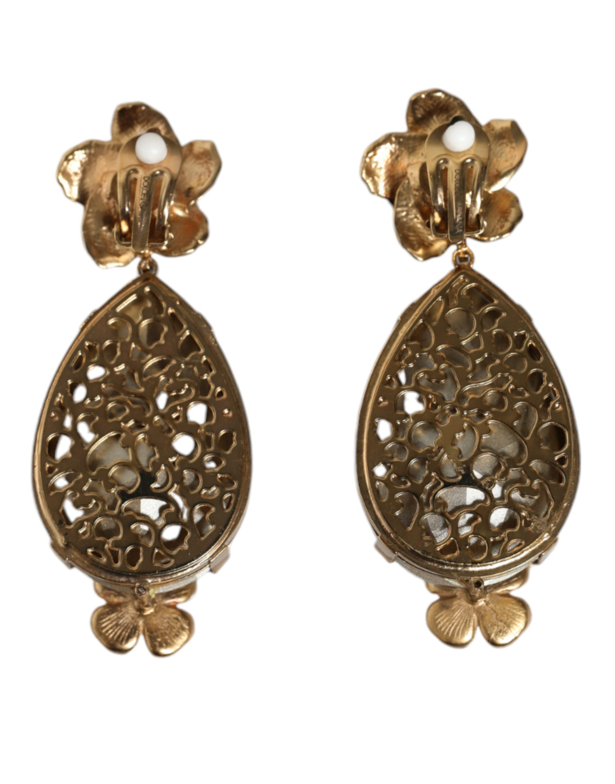 4645549.jpeg Gold Tone Brass Crystals Floral Clip On Earrings - Image 3