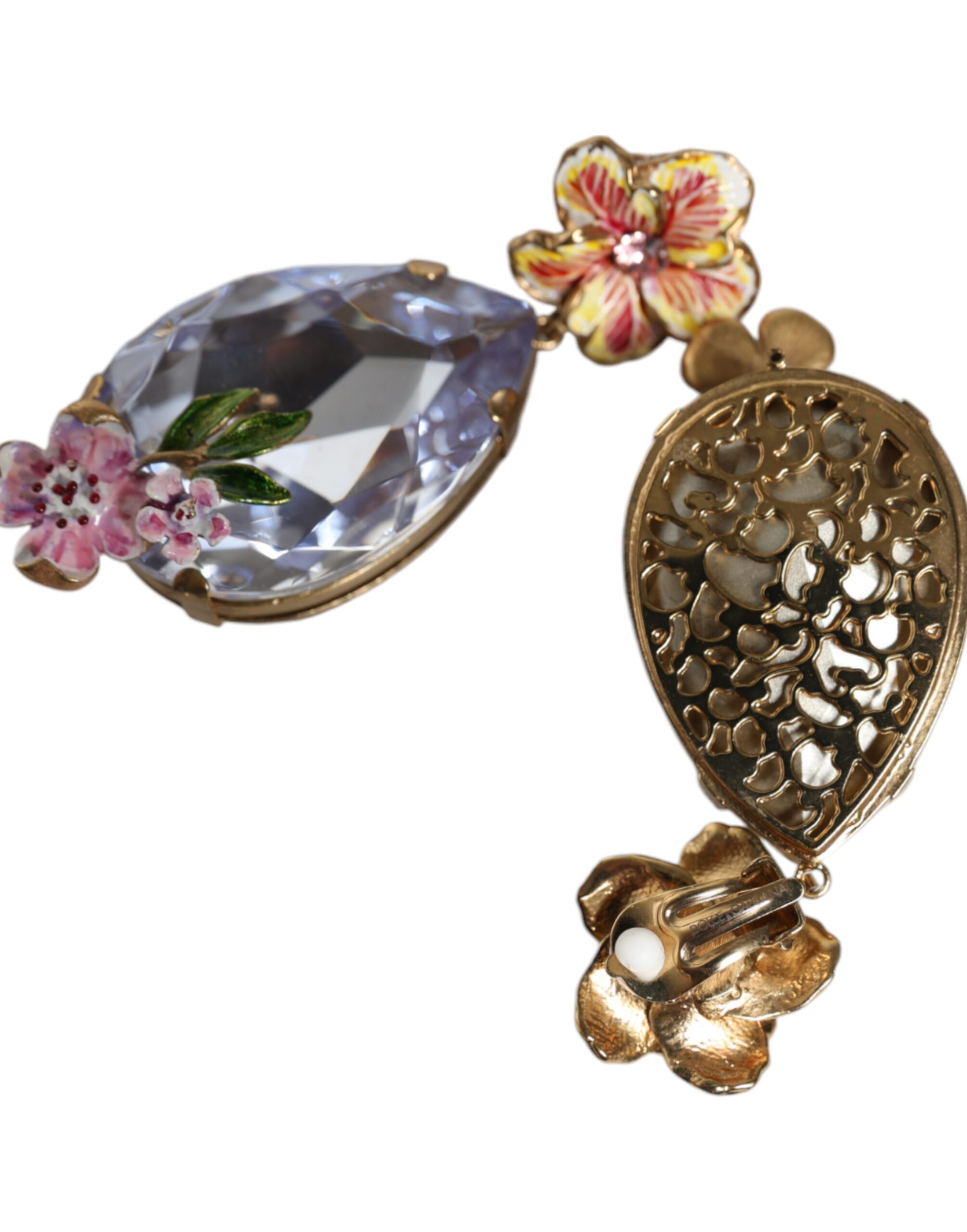 4645550.jpeg Gold Tone Brass Crystals Floral Clip On Earrings - Image 4