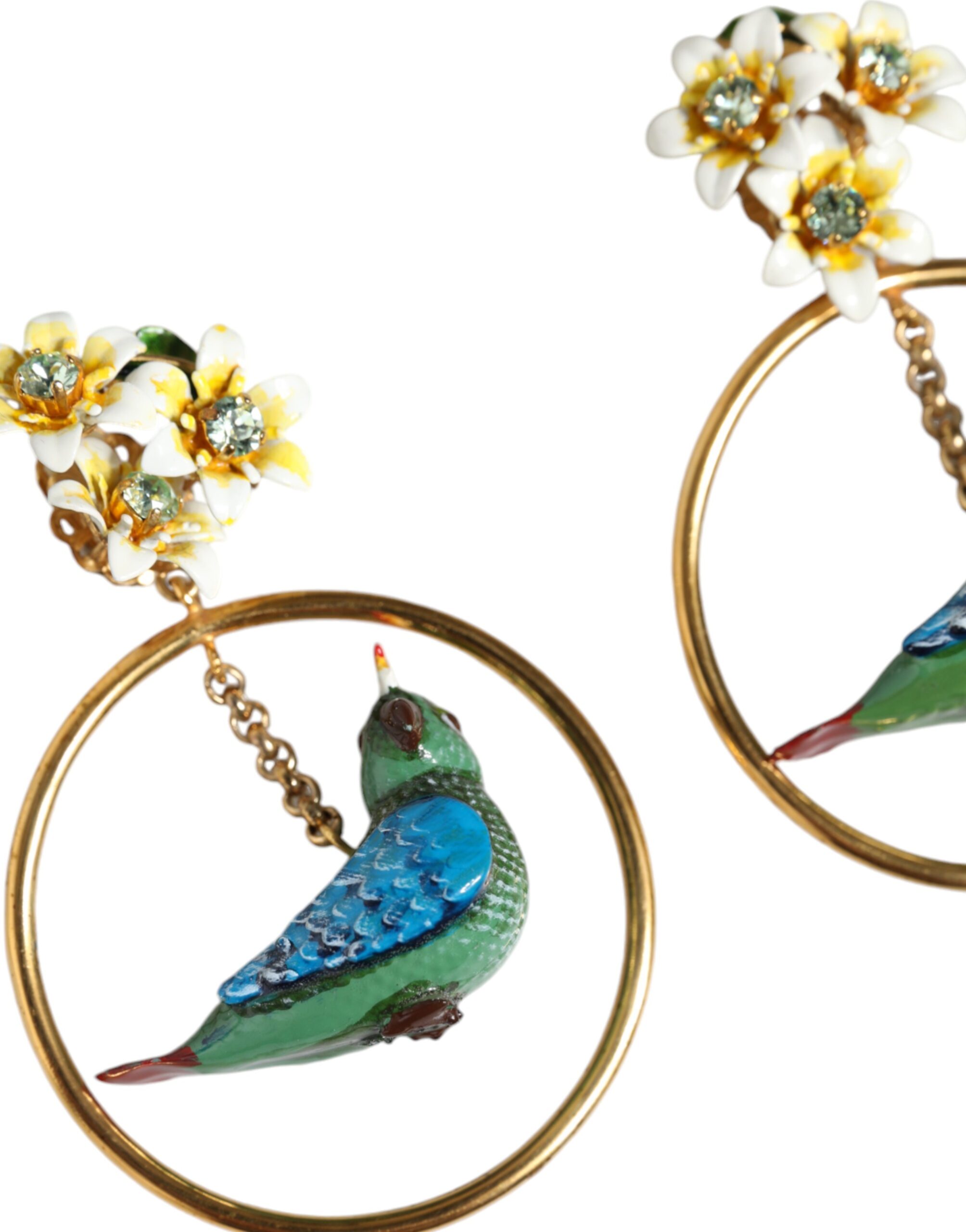 4645576.jpeg Gold Tone Brass Crystal Bird-in-Hoop Statement Earrings - Image 2