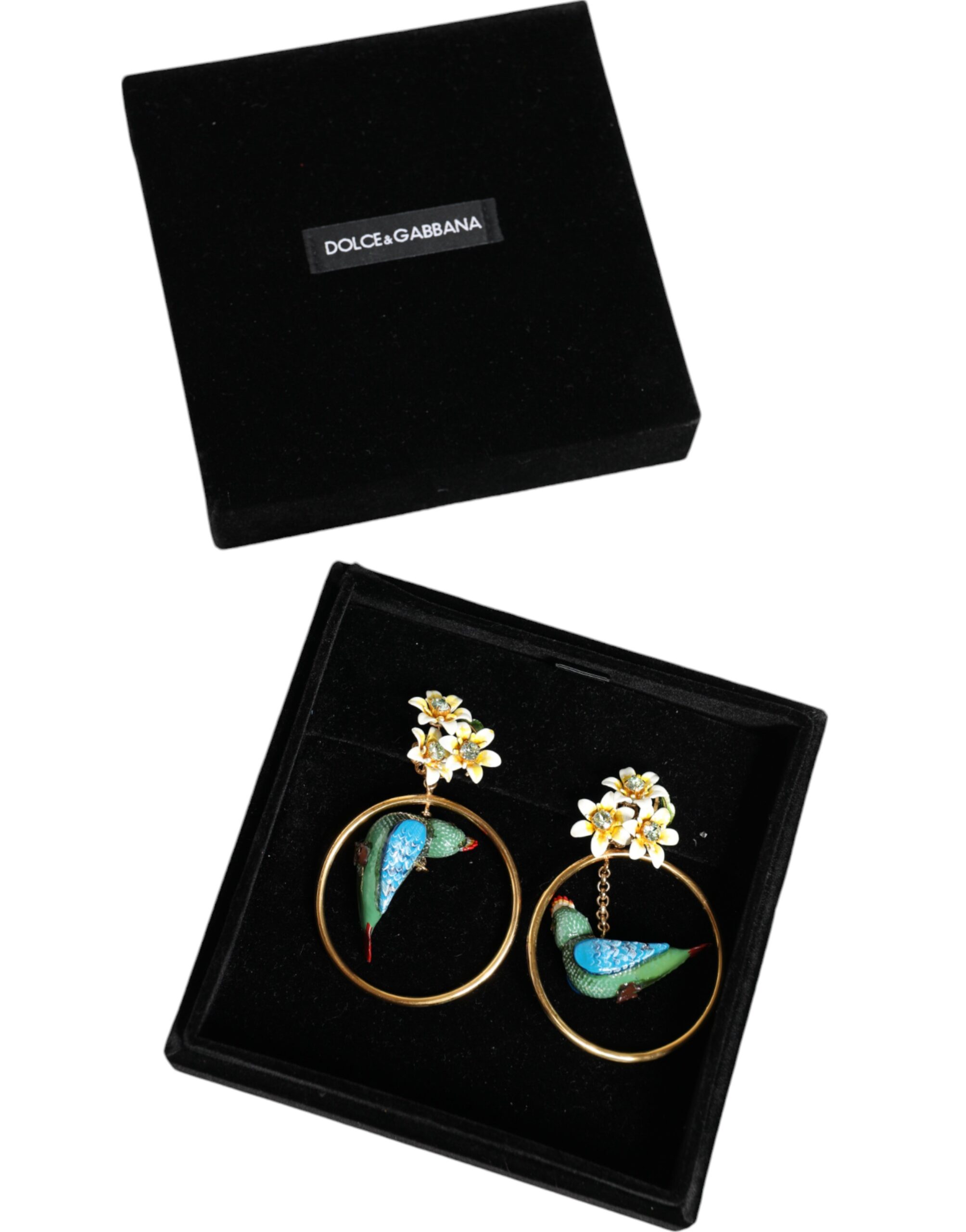 4645580.jpeg Gold Tone Brass Crystal Bird-in-Hoop Statement Earrings - Image 6