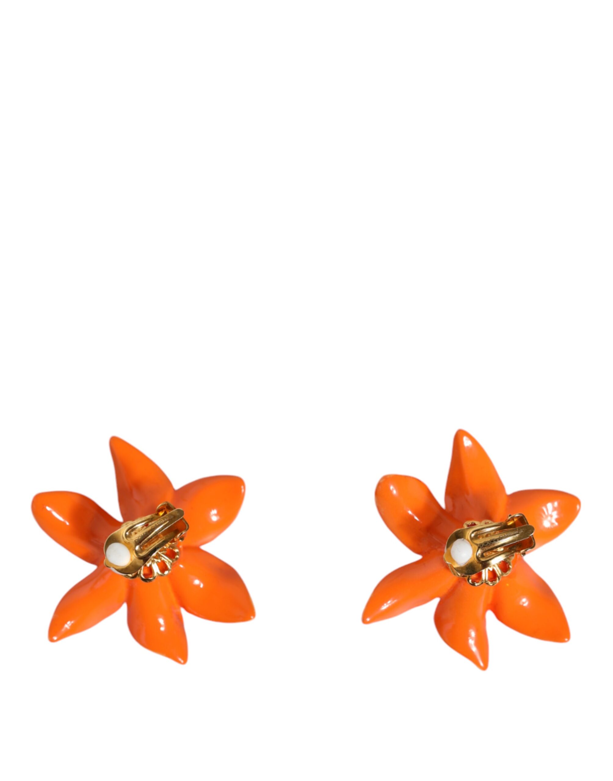 4645588.jpeg Orange Green Gold Brass Lily Flower Clip Floral Earrings - Image 2