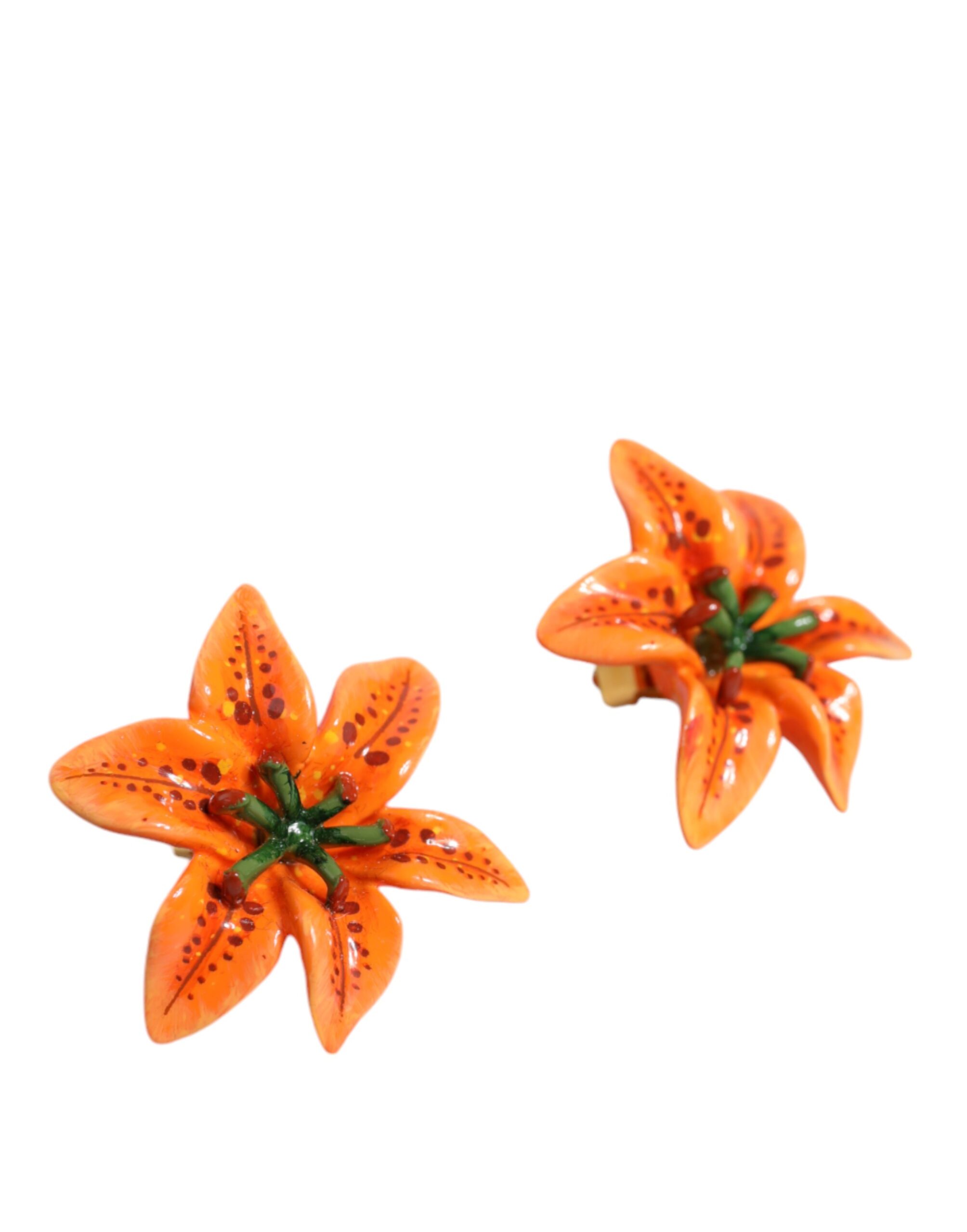 4645589.jpeg Orange Green Gold Brass Lily Flower Clip Floral Earrings - Image 3