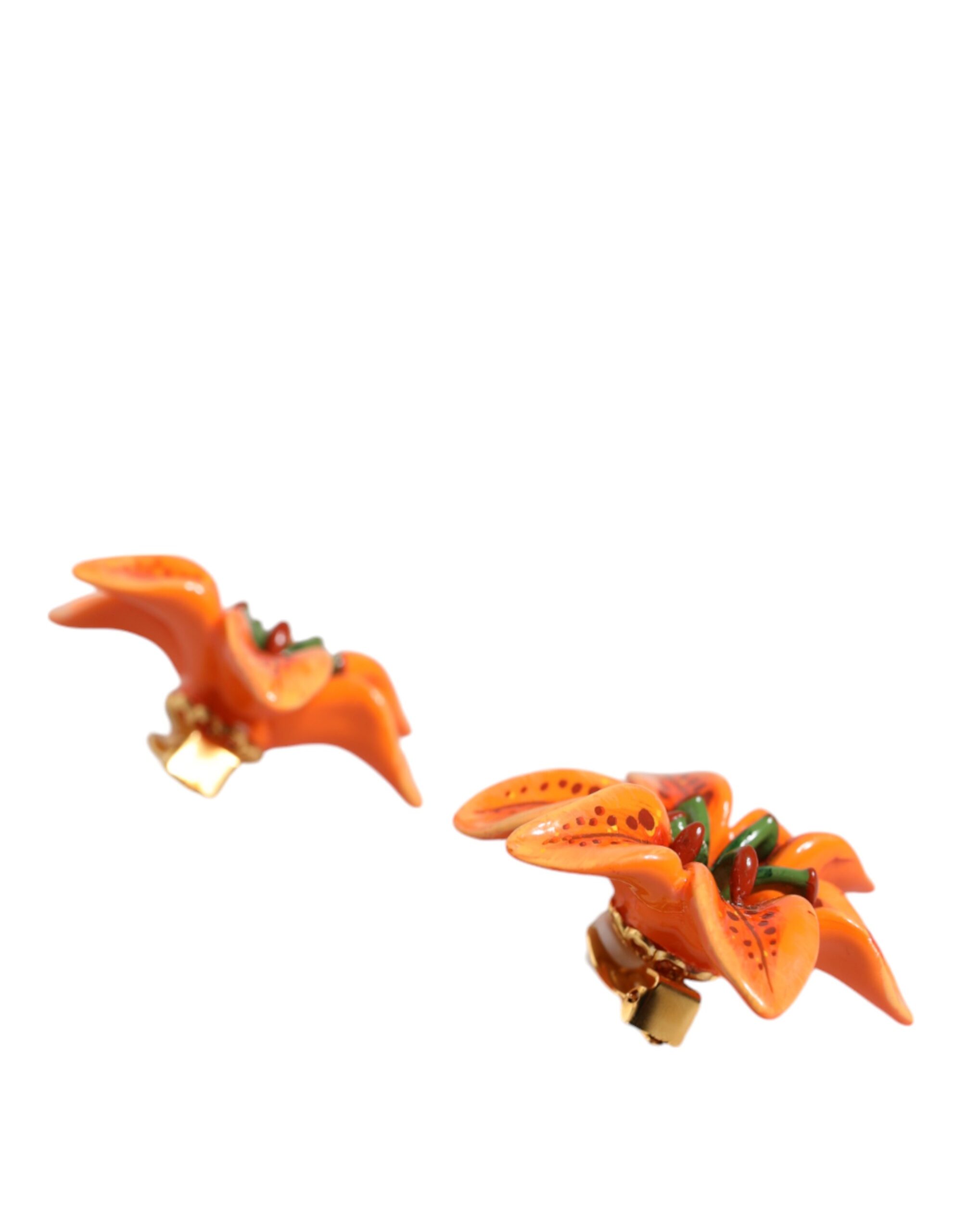 4645590.jpeg Orange Green Gold Brass Lily Flower Clip Floral Earrings - Image 4