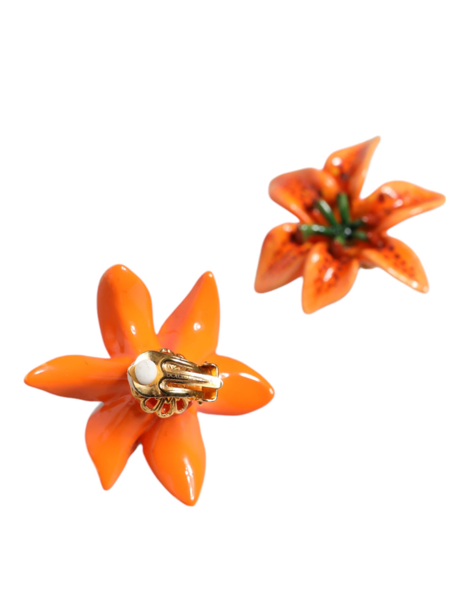 4645591.jpeg Orange Green Gold Brass Lily Flower Clip Floral Earrings - Image 5