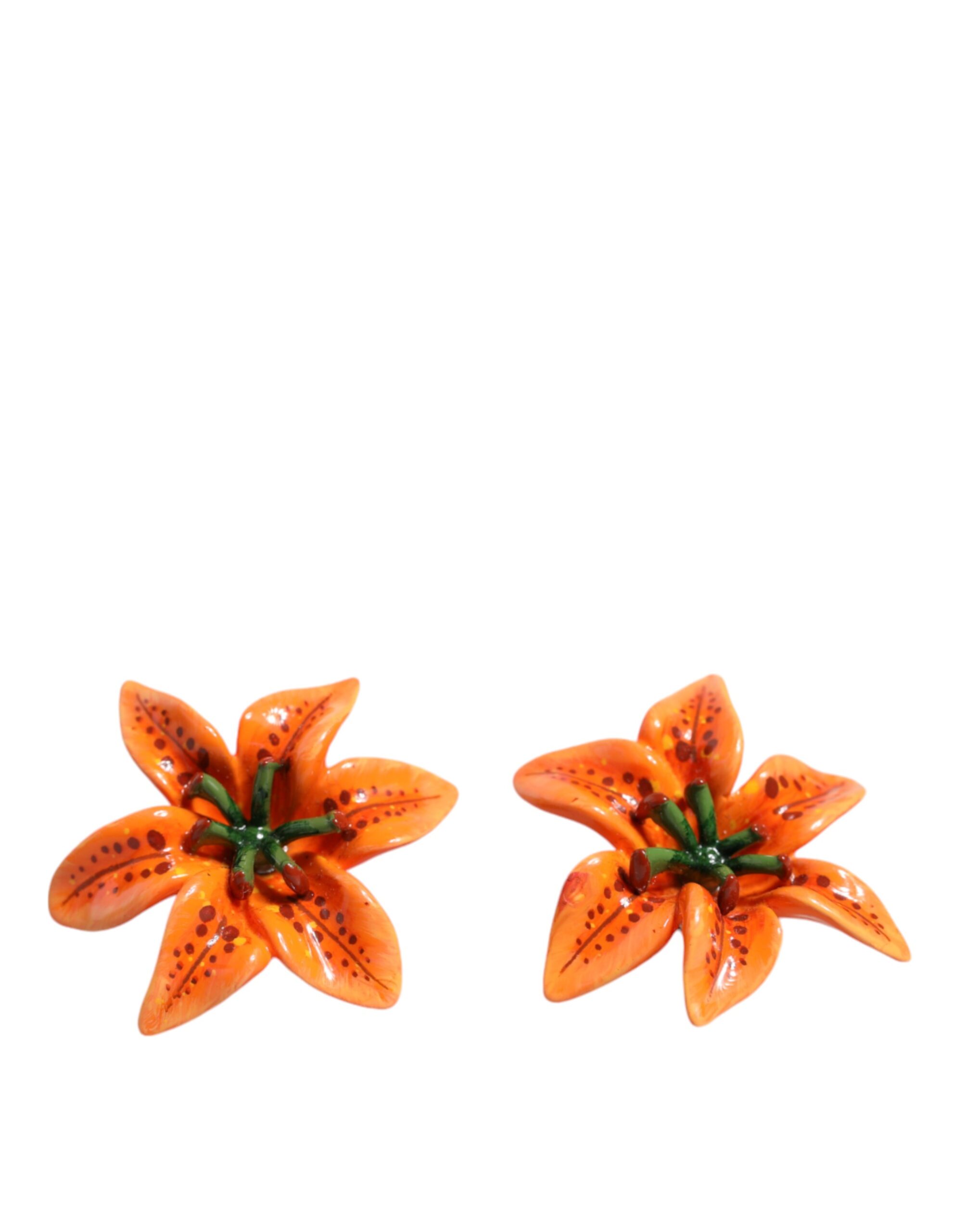4645592.jpeg Orange Green Gold Brass Lily Flower Clip Floral Earrings - Image 6