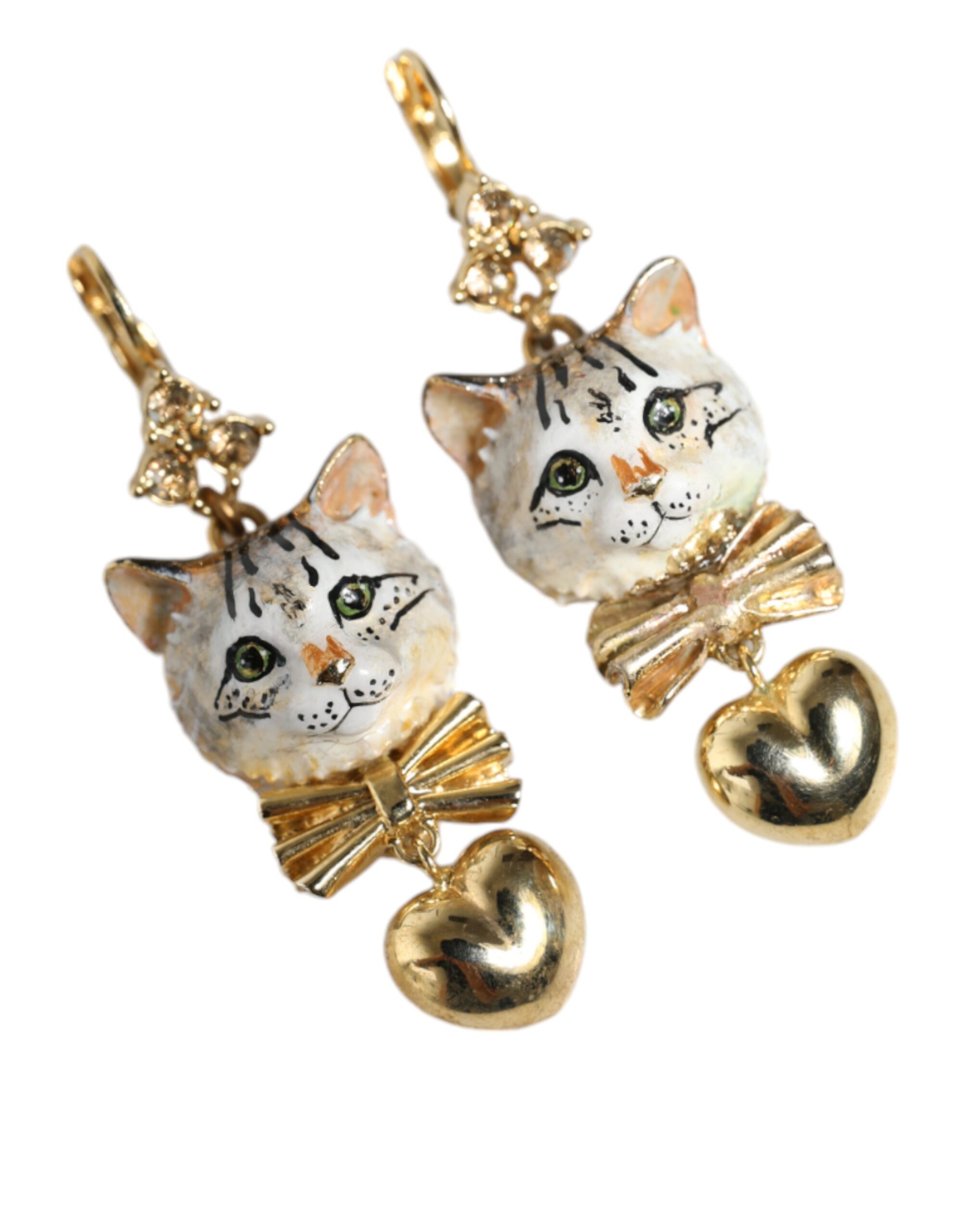 4645596.jpeg Gold Brass Heart Cat Crystal Pendant Clip Drop Earrings - Image 2