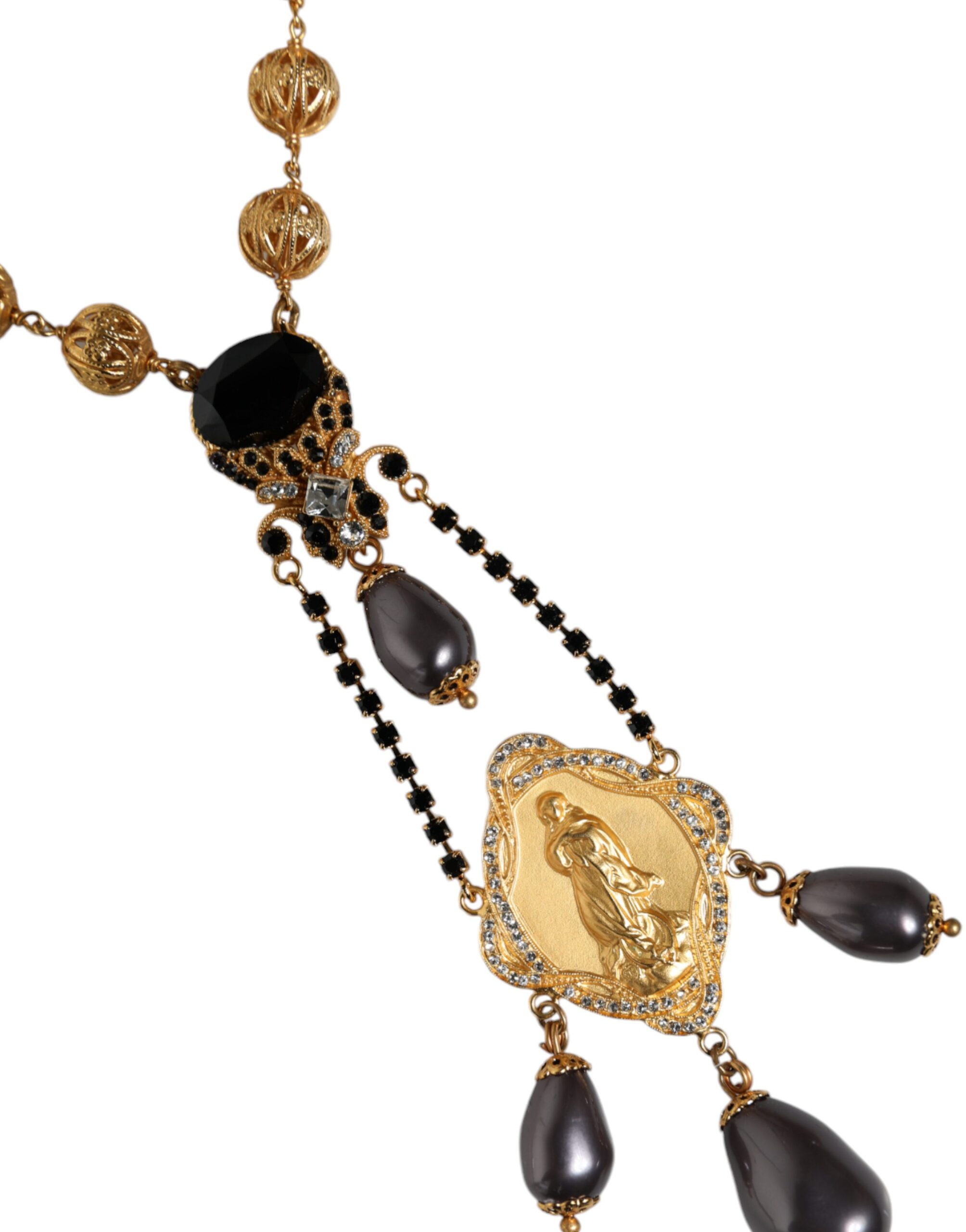 4645777.jpeg Gold Chain Brass Black Beaded Rosary Style Necklace - Image 3