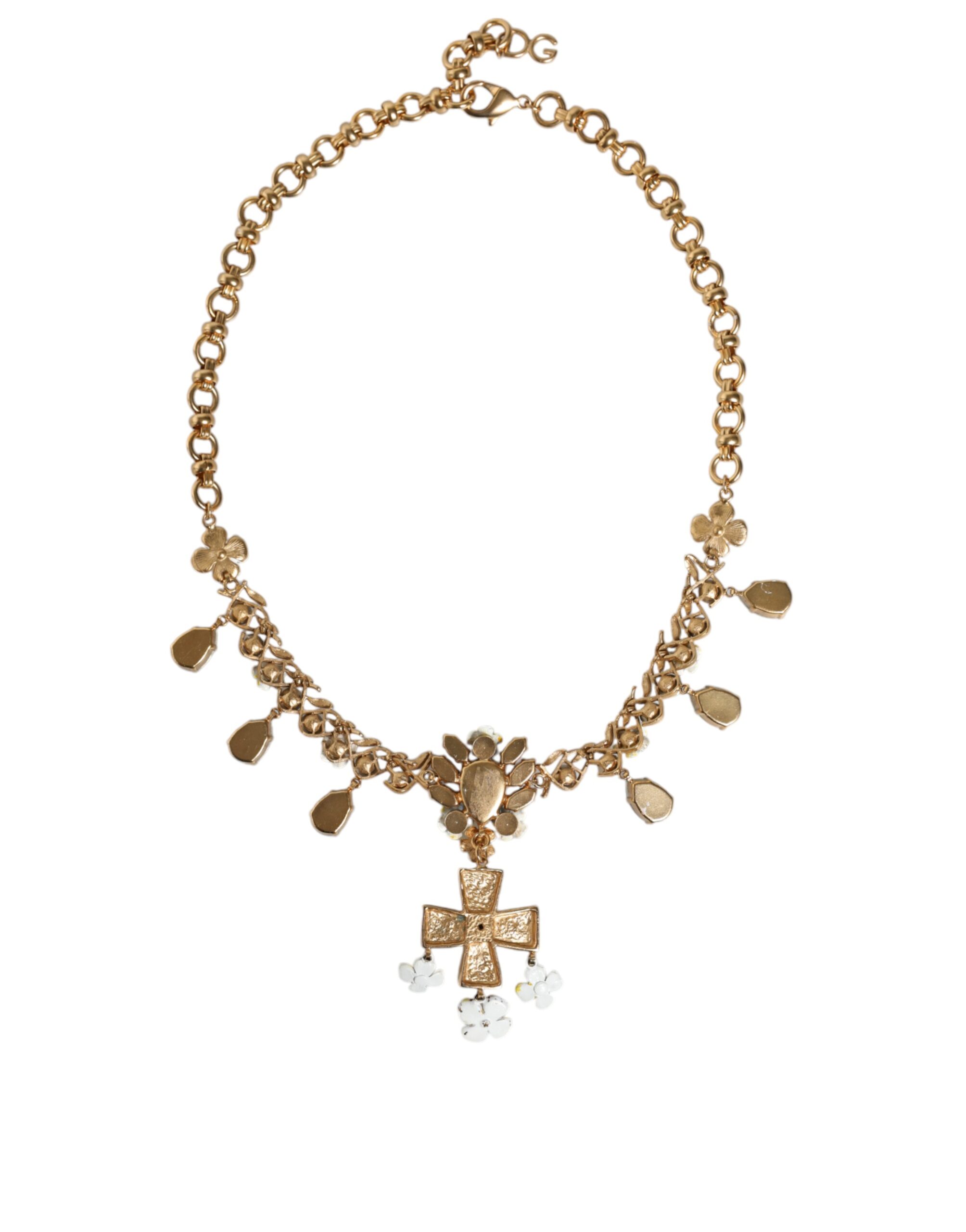 4645882.jpeg Gold Brass Chain Floral Crystal Cross Pendant Necklace - Image 5