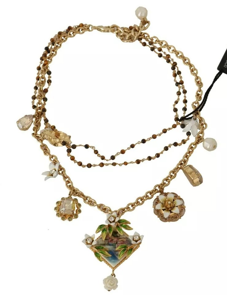 5932249.jpeg Gold Brass Crystal Floral Statement Charms Necklace - Image 4