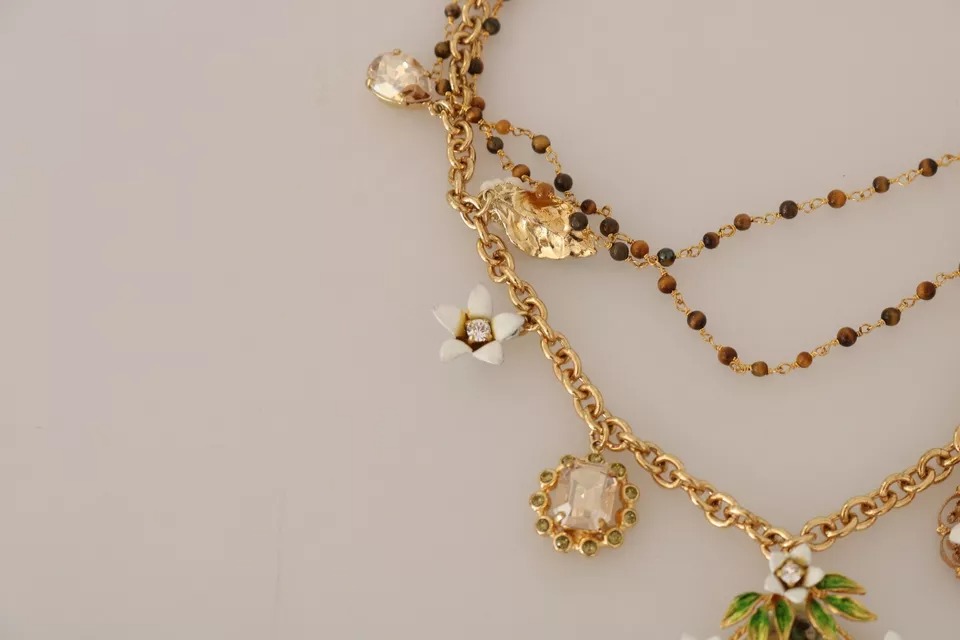 5932250.jpeg Gold Brass Crystal Floral Statement Charms Necklace - Image 5