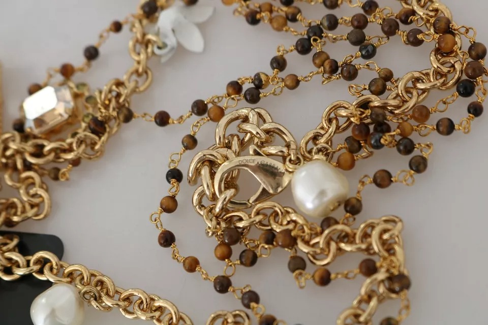 5932251.jpeg Gold Brass Crystal Floral Statement Charms Necklace - Image 6