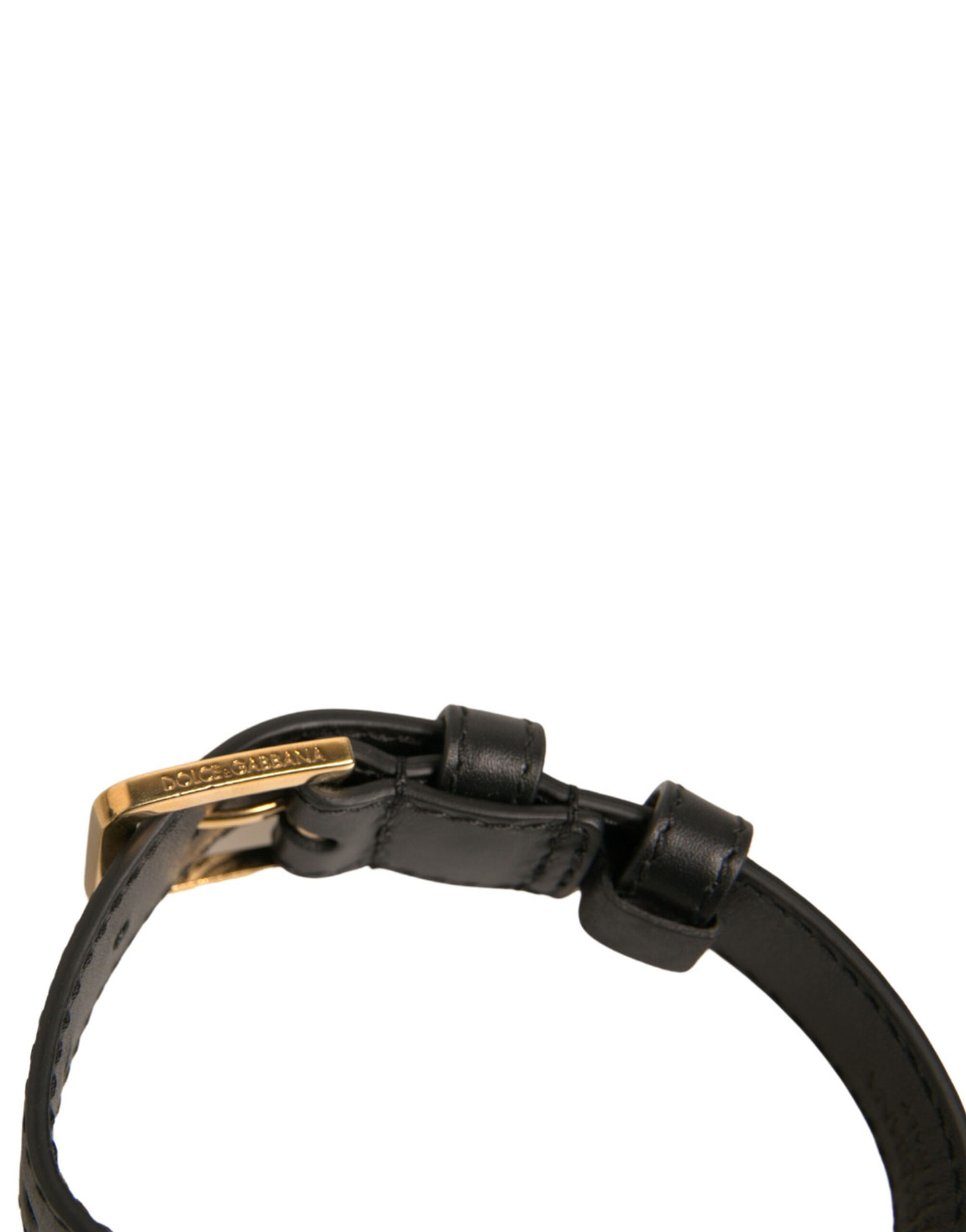 6193299.jpeg Black Textured Leather Gold Tone Metal Buckle Armband - Image 4