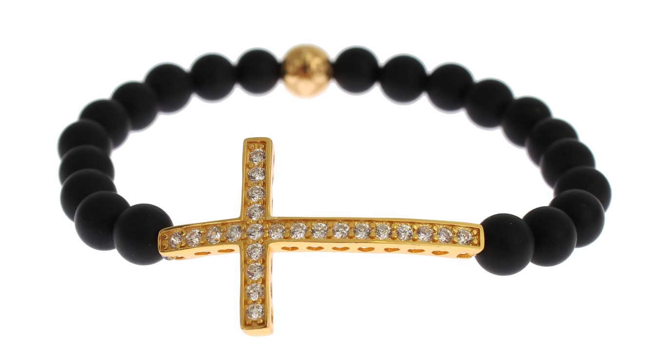 82845.jpg Chic Matte Onyx Bead & CZ Diamond Cross Bracelet - Image 3