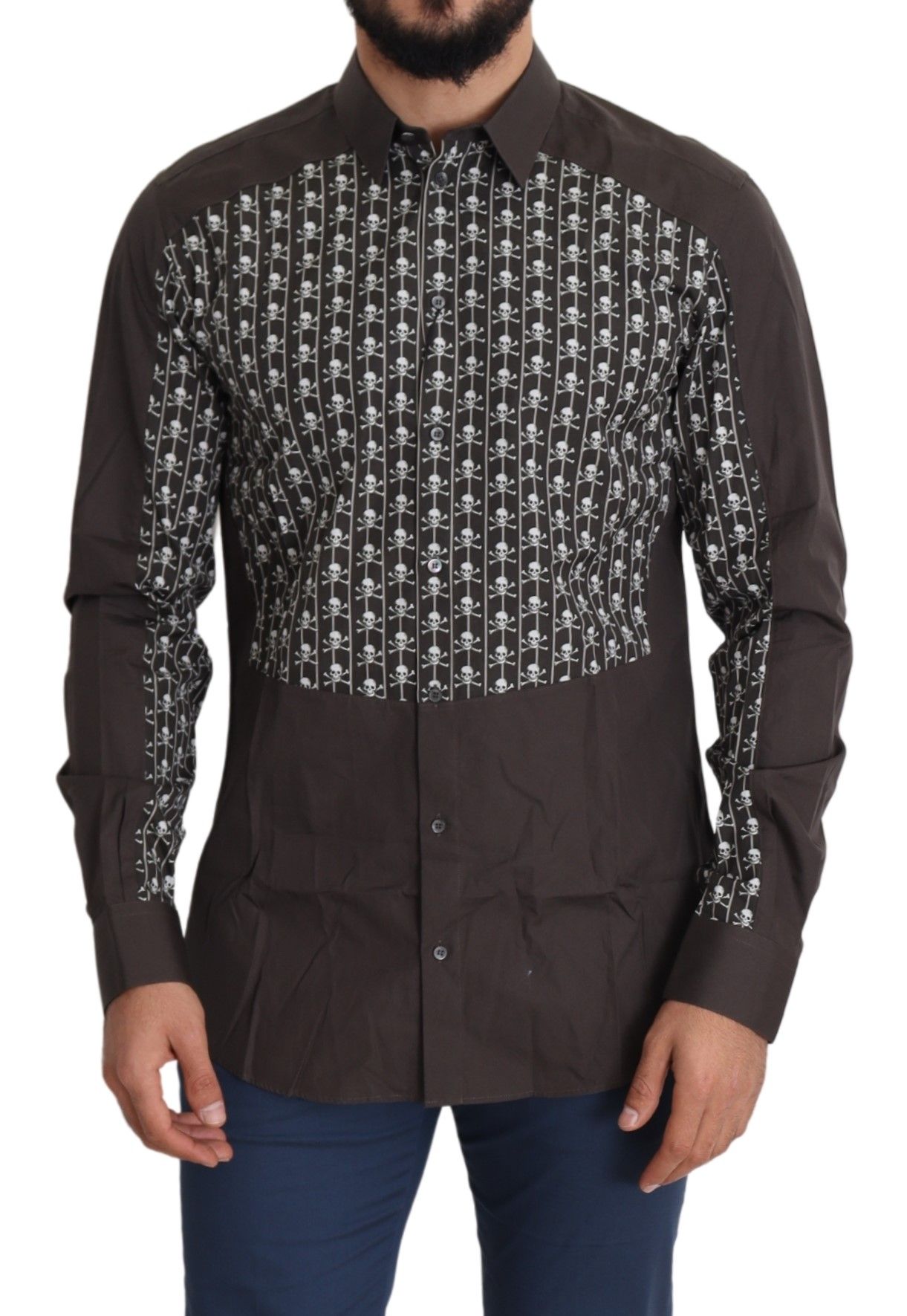 IMG_4184-4e7475b8-3e4.jpg Gold Brown Slim Fit Dress Shirt with Skull Print - Image 5